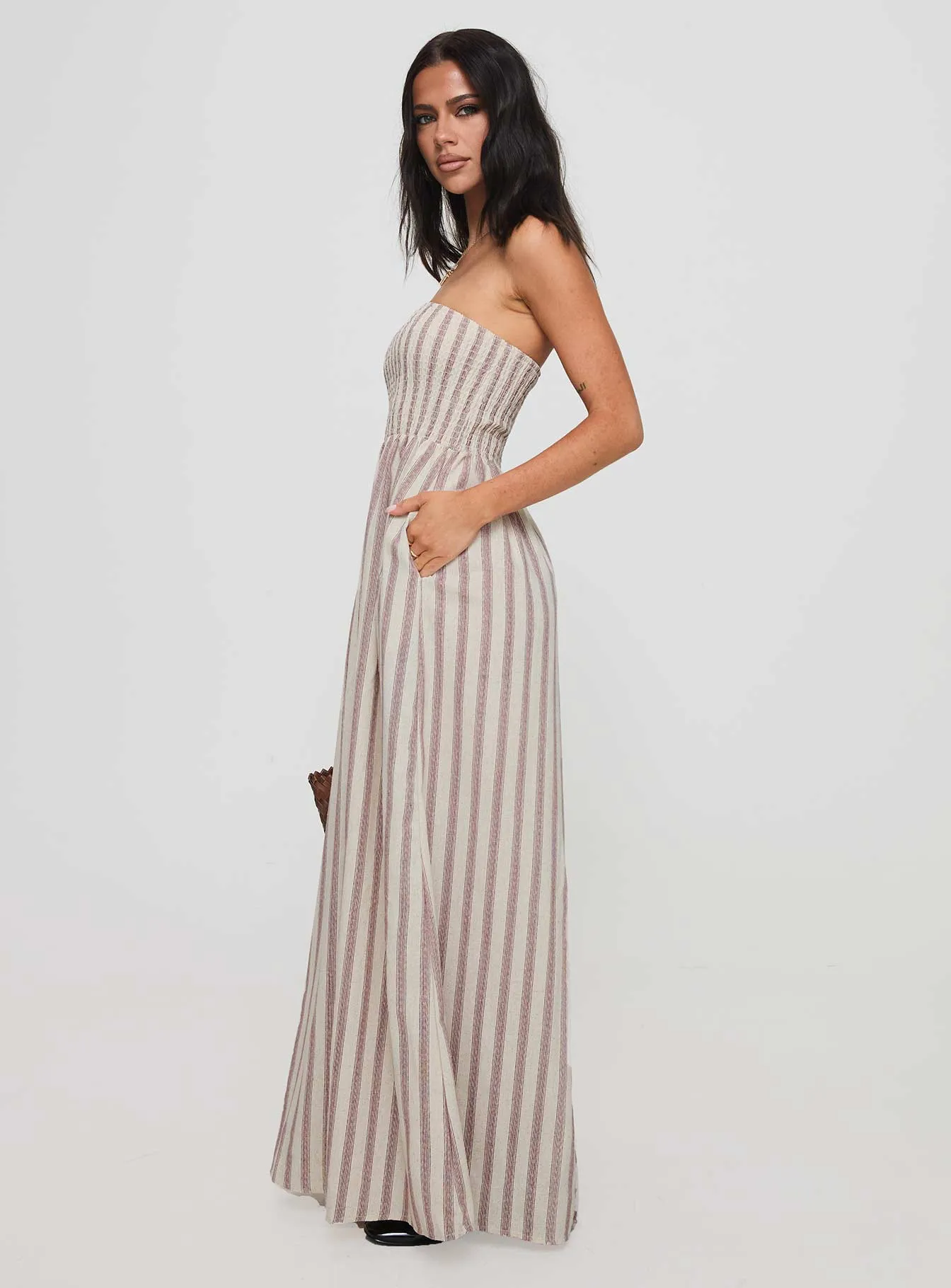 Kohana Strapless Maxi Dress Beige Stripe Batiste Soft Desert Light