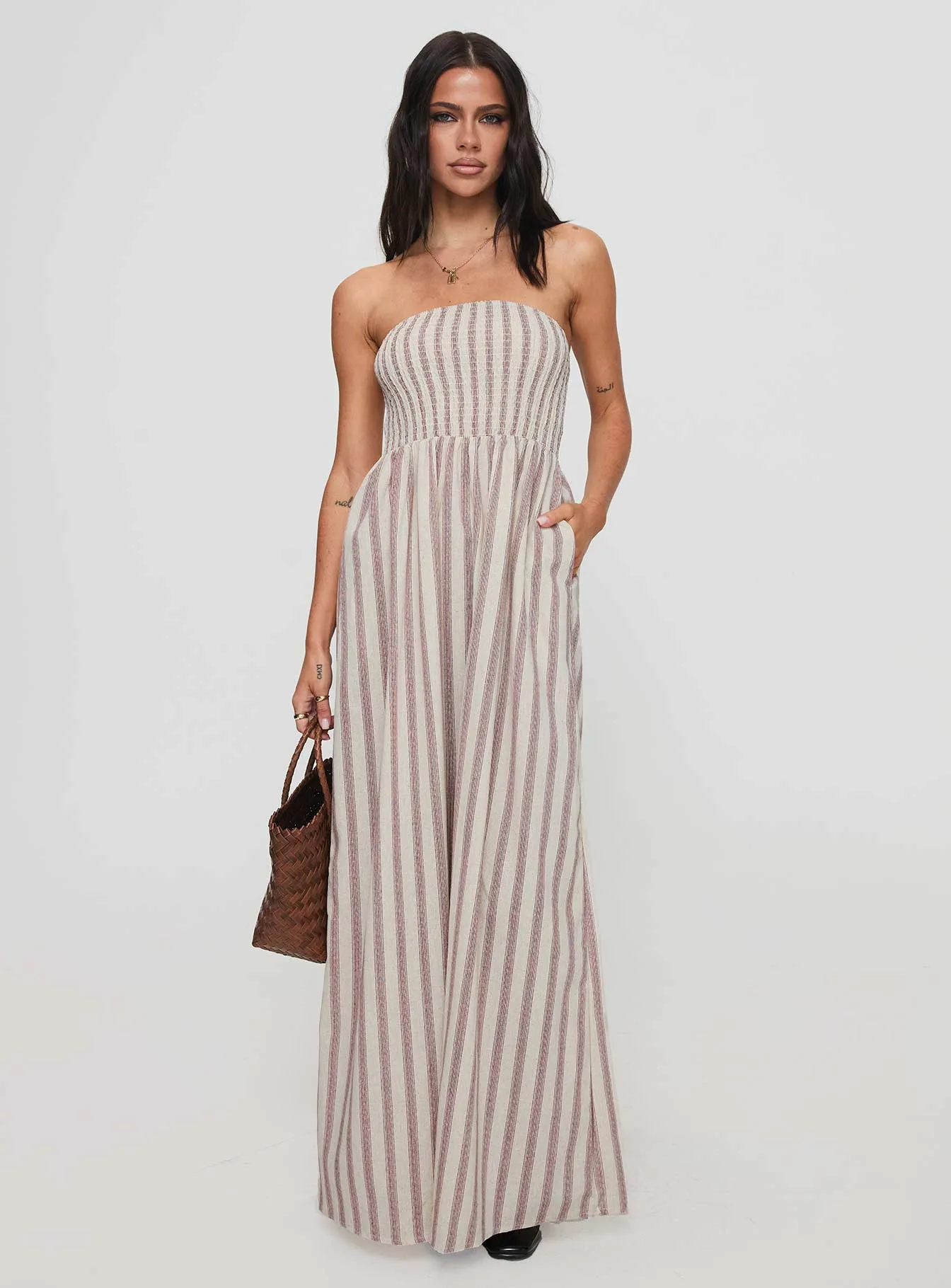 Kohana Strapless Maxi Dress Beige Stripe Wood Bridge Open Back