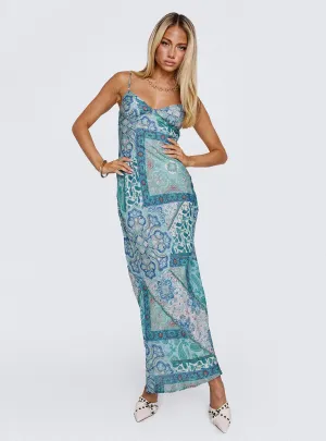 One shoulder Sugar Plum Maxi Dress Blue Paisley