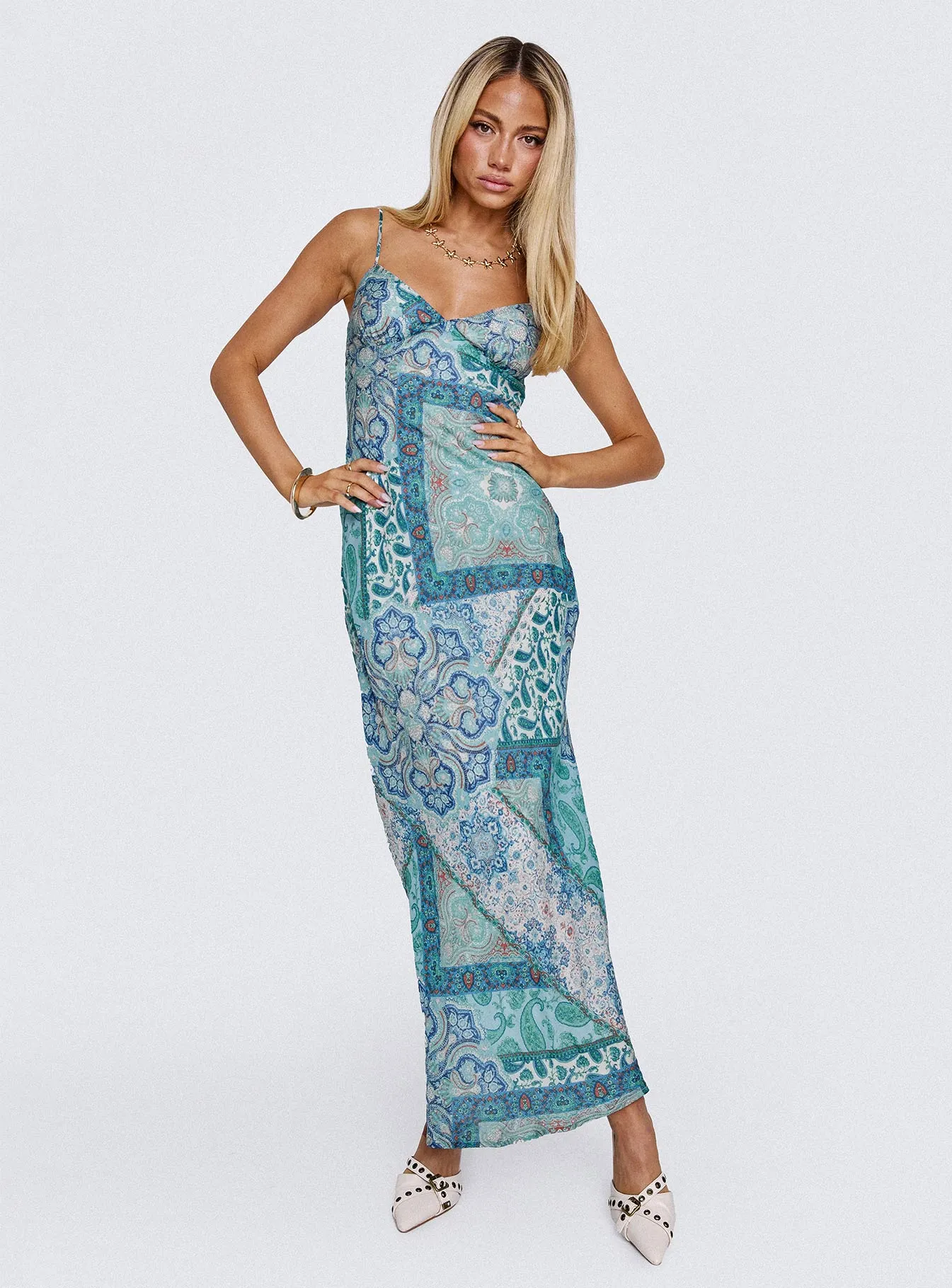 One shoulder Sugar Plum Maxi Dress Blue Paisley