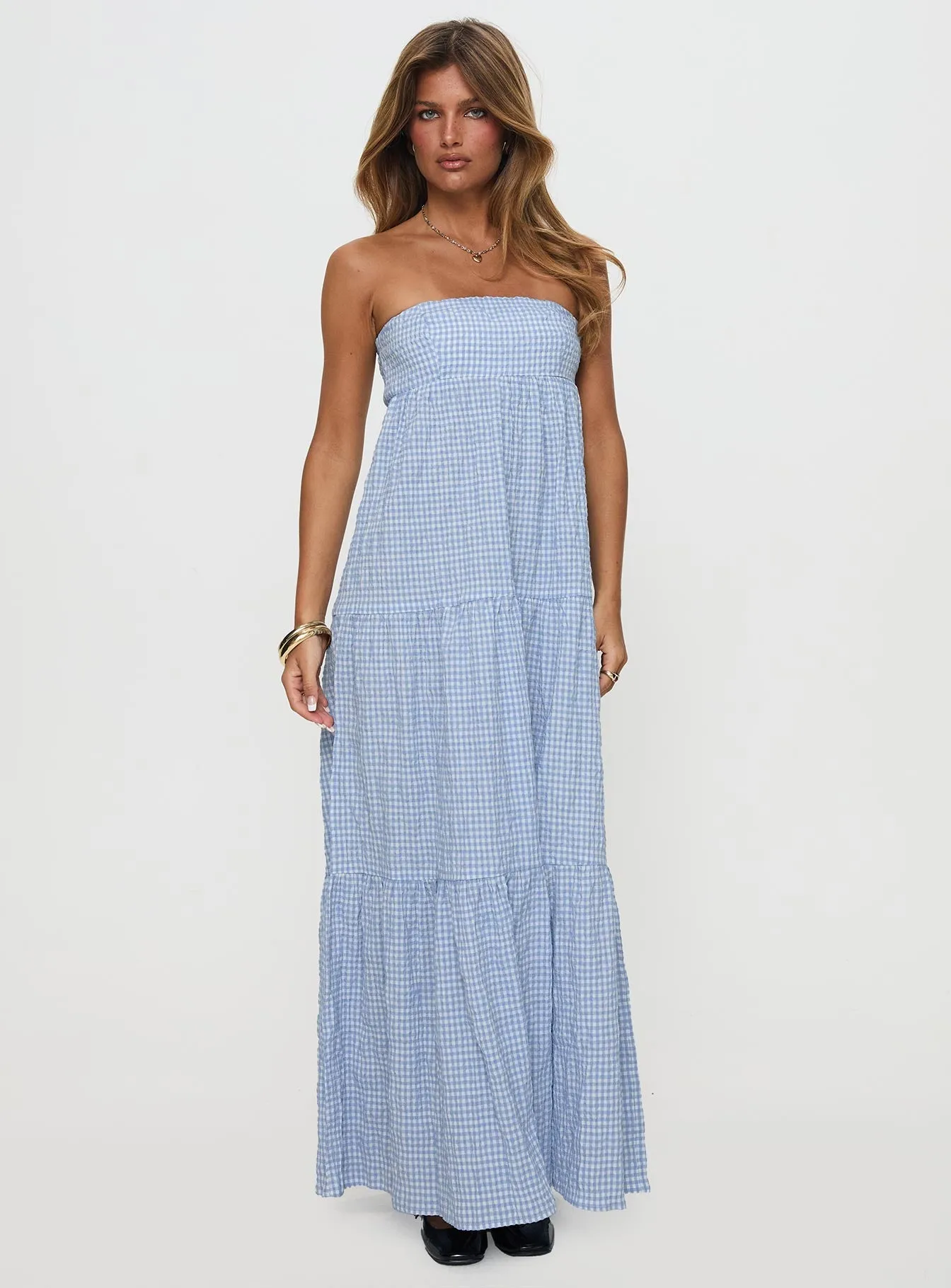 Organza Air Dance Floor Wynnie Strapless Maxi Dress Blue Check