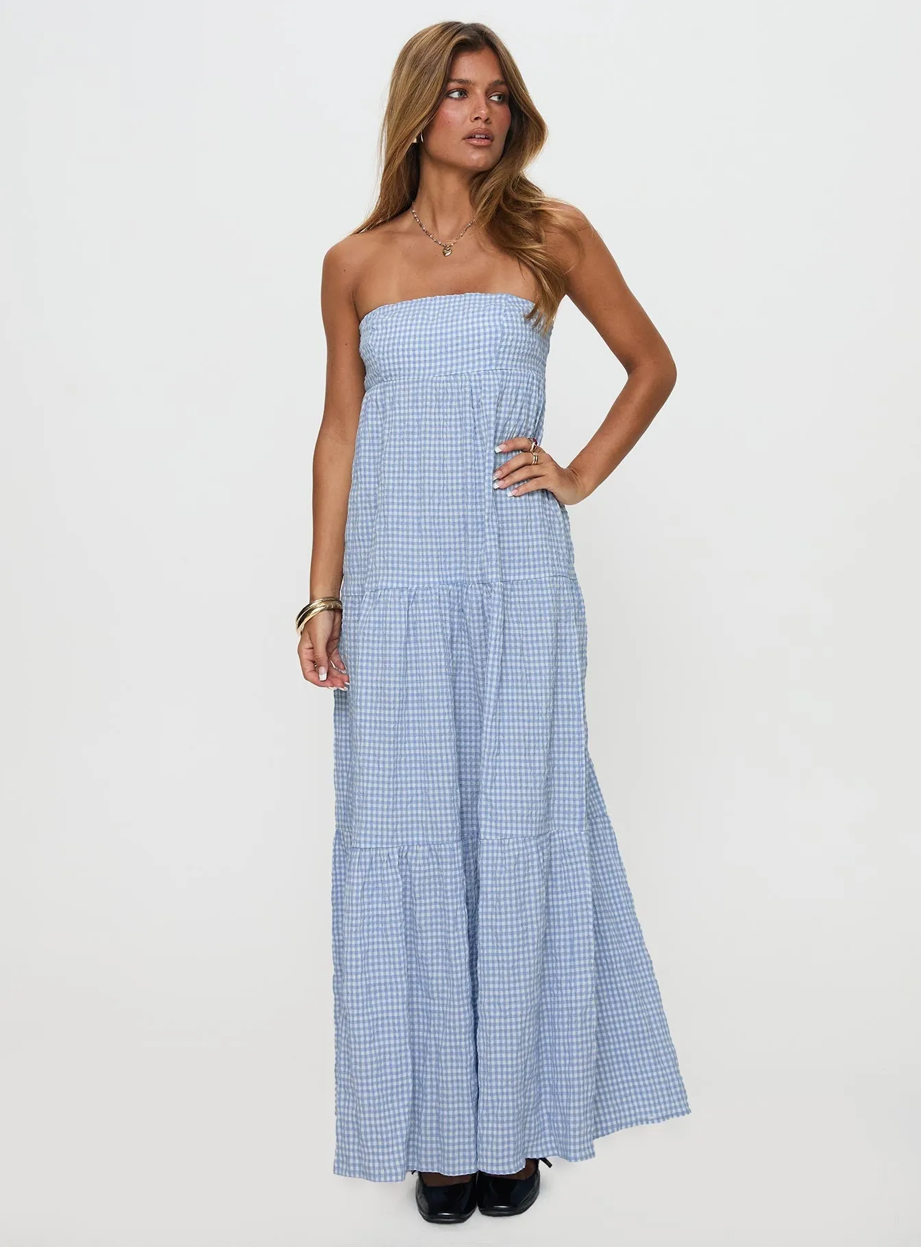 Wynnie Strapless Maxi Dress Blue Check Cotton Shade