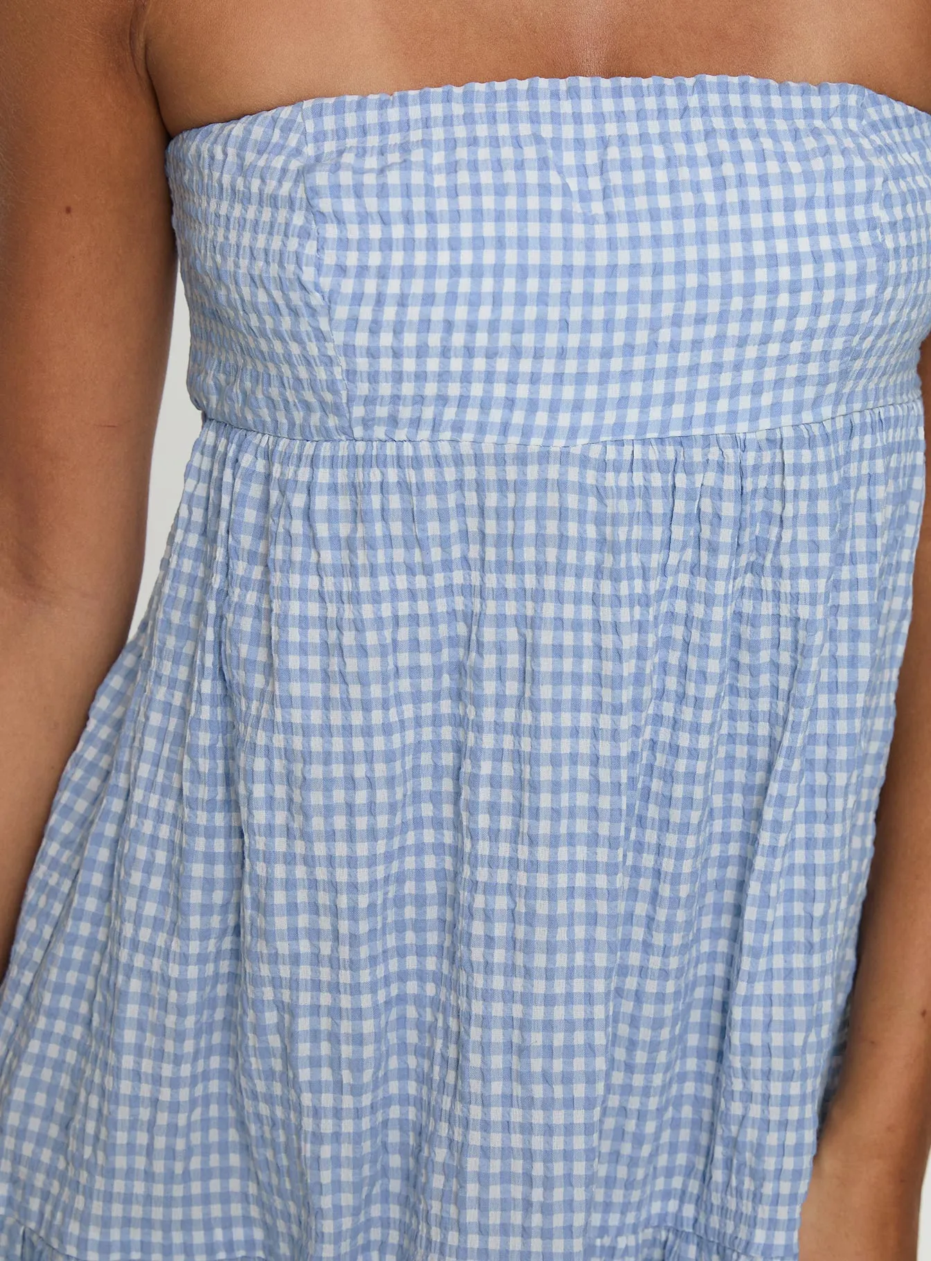 Wynnie Strapless Maxi Dress Blue Check With its simple and clean design this dress makes a chic statement wherever you go Golden Dune