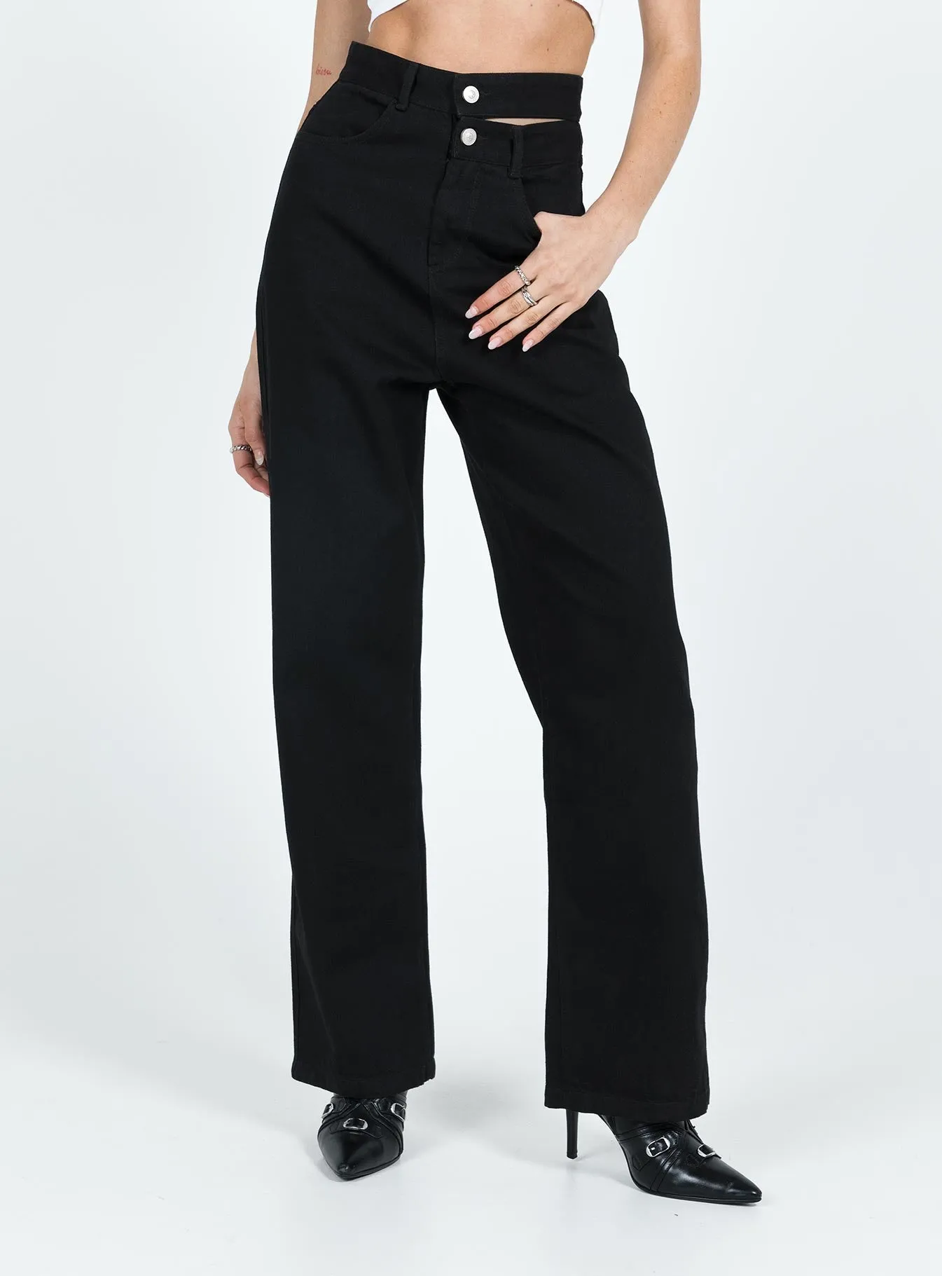 Rainy Day Vintage Lover Outfit Vibe Bansley Double Waistband Jeans Black Denim