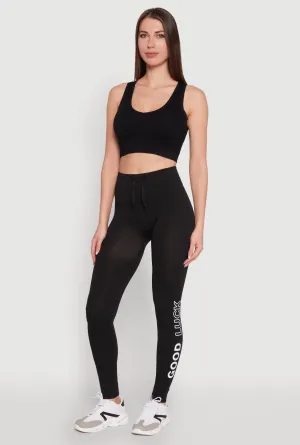 Trendy High Waisted Good Luck Graphic Leggings Gym Look