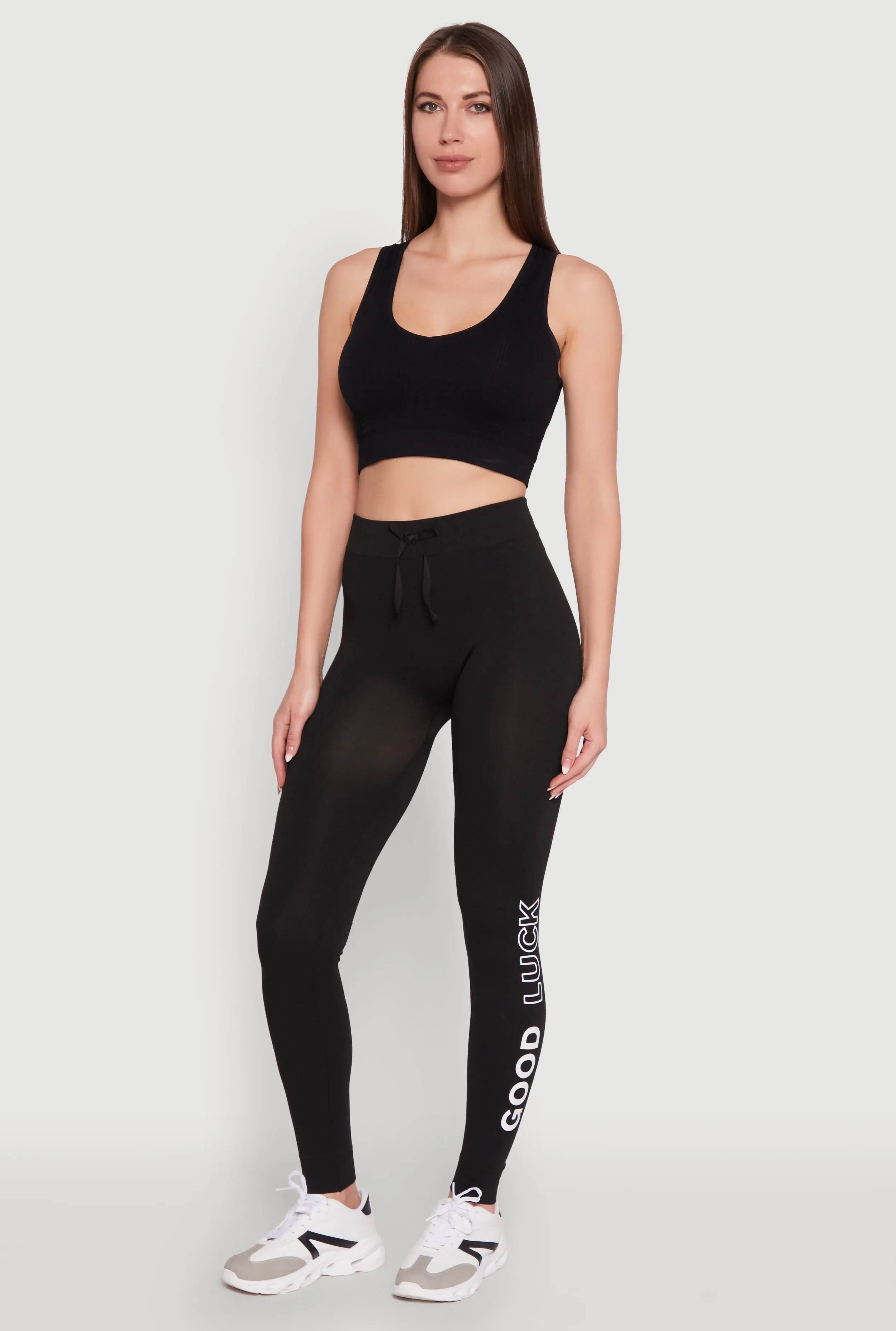Trendy High Waisted Good Luck Graphic Leggings Gym Look