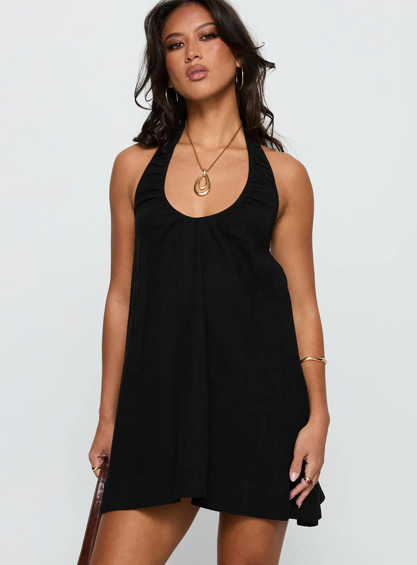 Zigzag Stitch Reinforcement playful mini Daydreams Linen Blend Halter Mini Dress Black