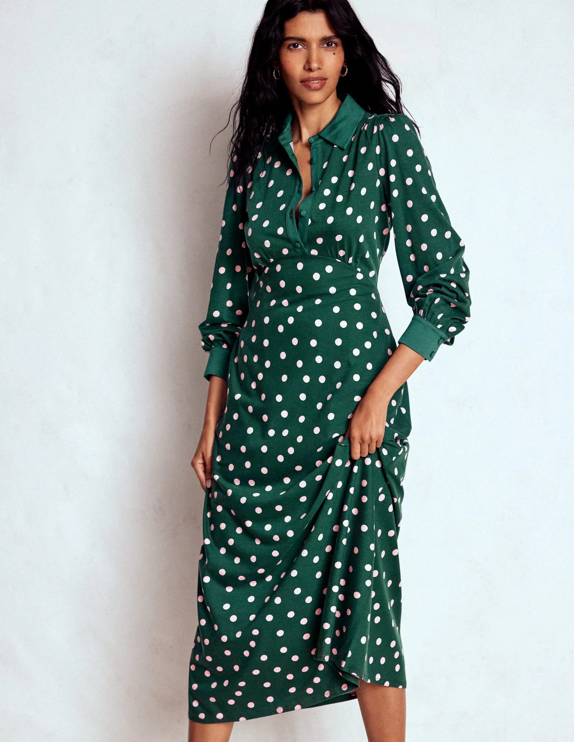 Style Versatile casual outing Empire Waistline Shirt Dress-Emerald Night, Painted Dot