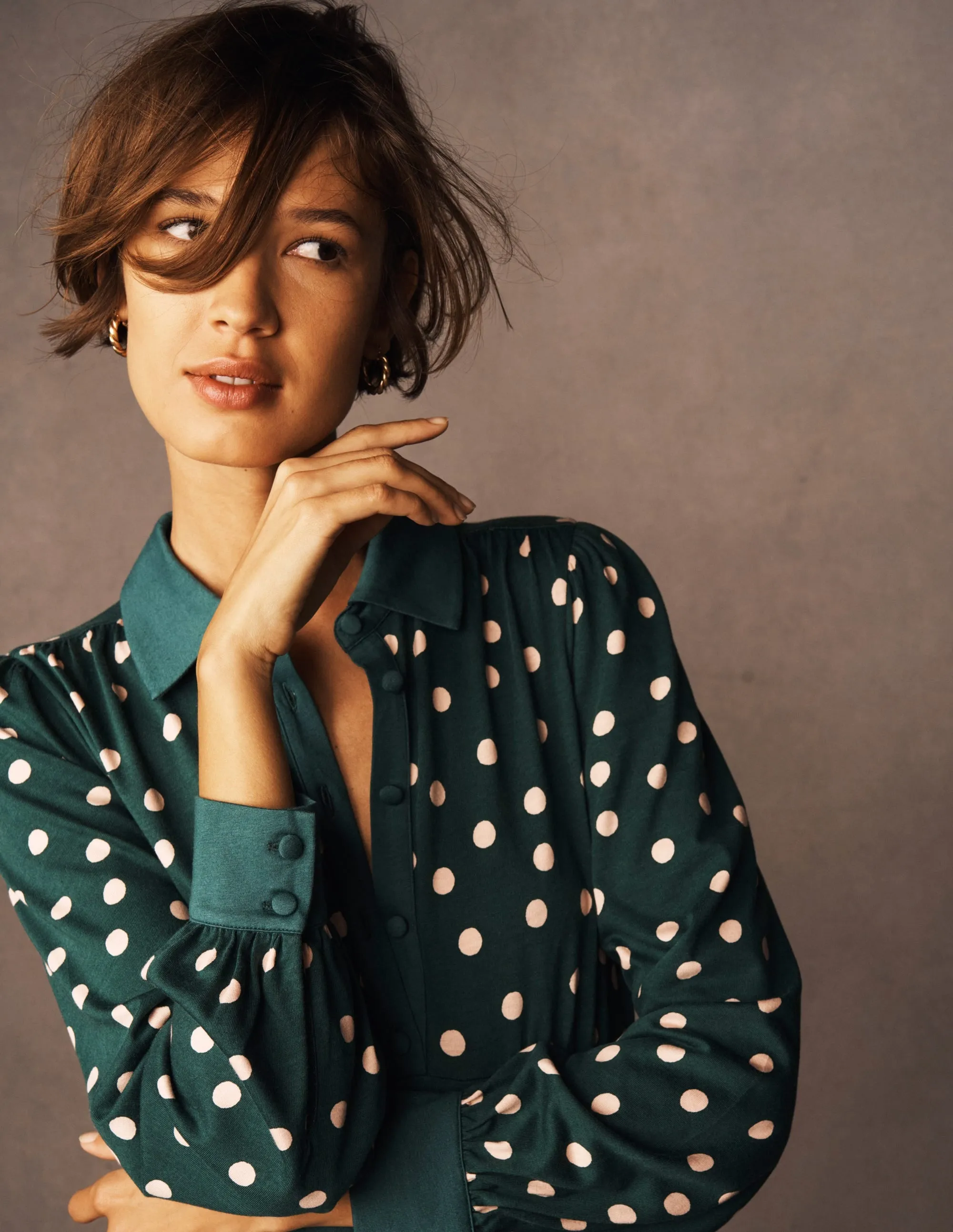 Empire Waistline Shirt Dress-Emerald Night, Painted Dot Timeless Comfort Picnic Shade