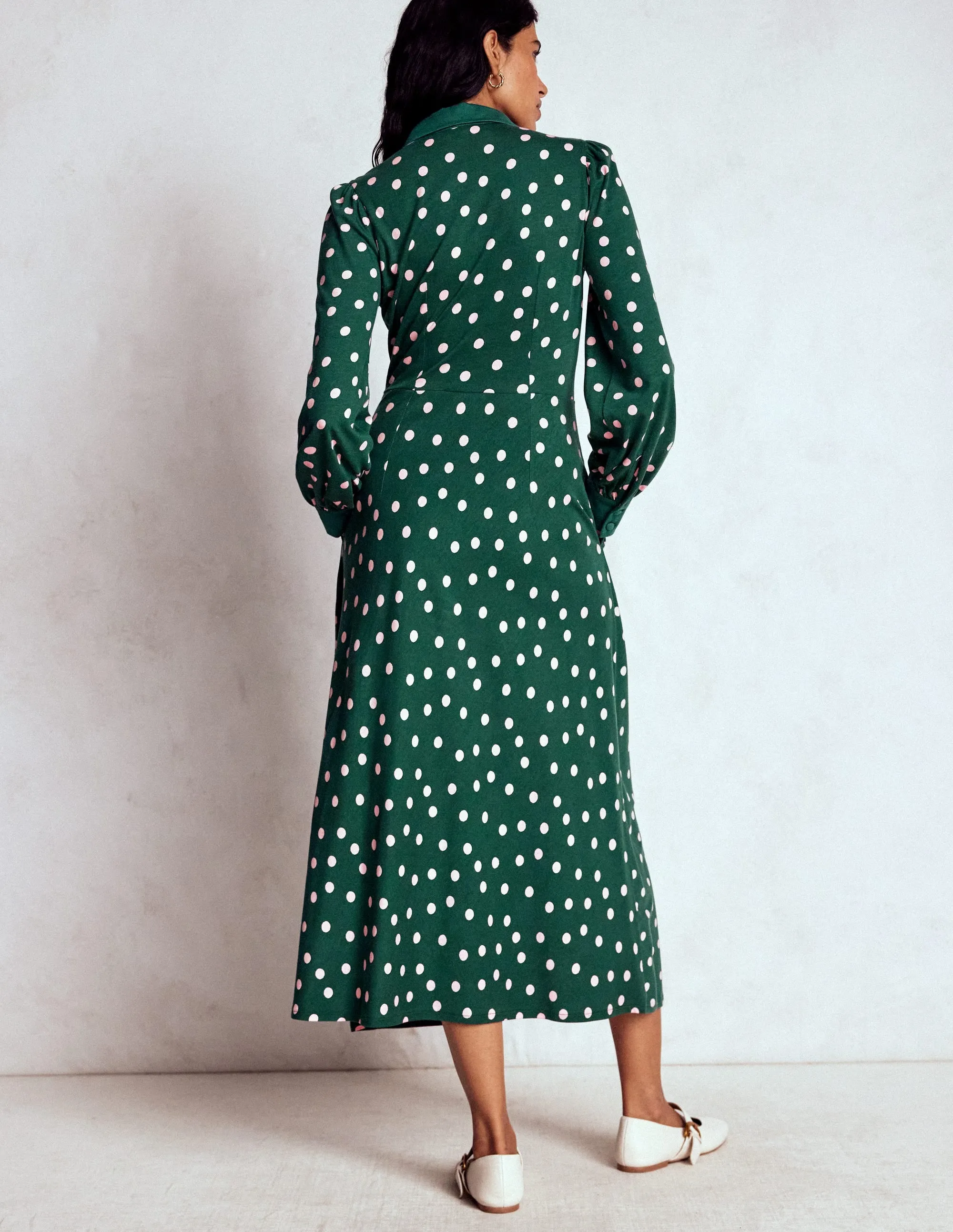 Empire Waistline Shirt Dress-Emerald Night, Painted Dot Chic For Work
