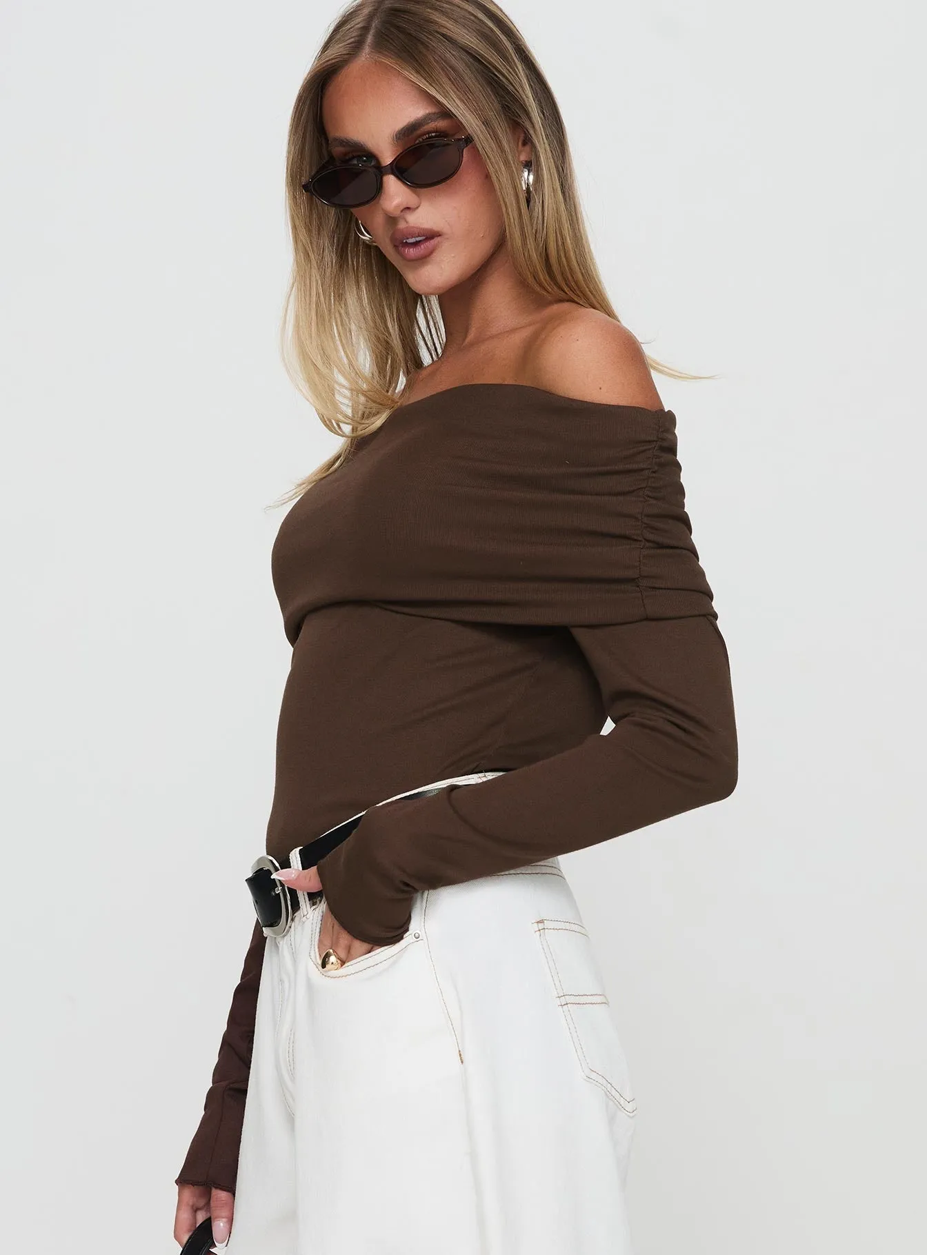 Spoilt Off The Shoulder Bodysuit Brown Elegant Sport