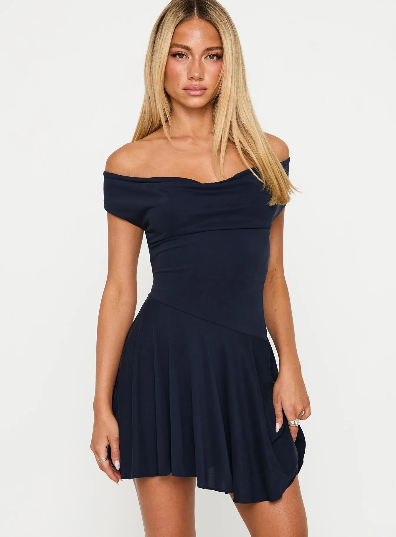 Fun Glam Flash Mode Body Heat Cowl Mini Dress Navy