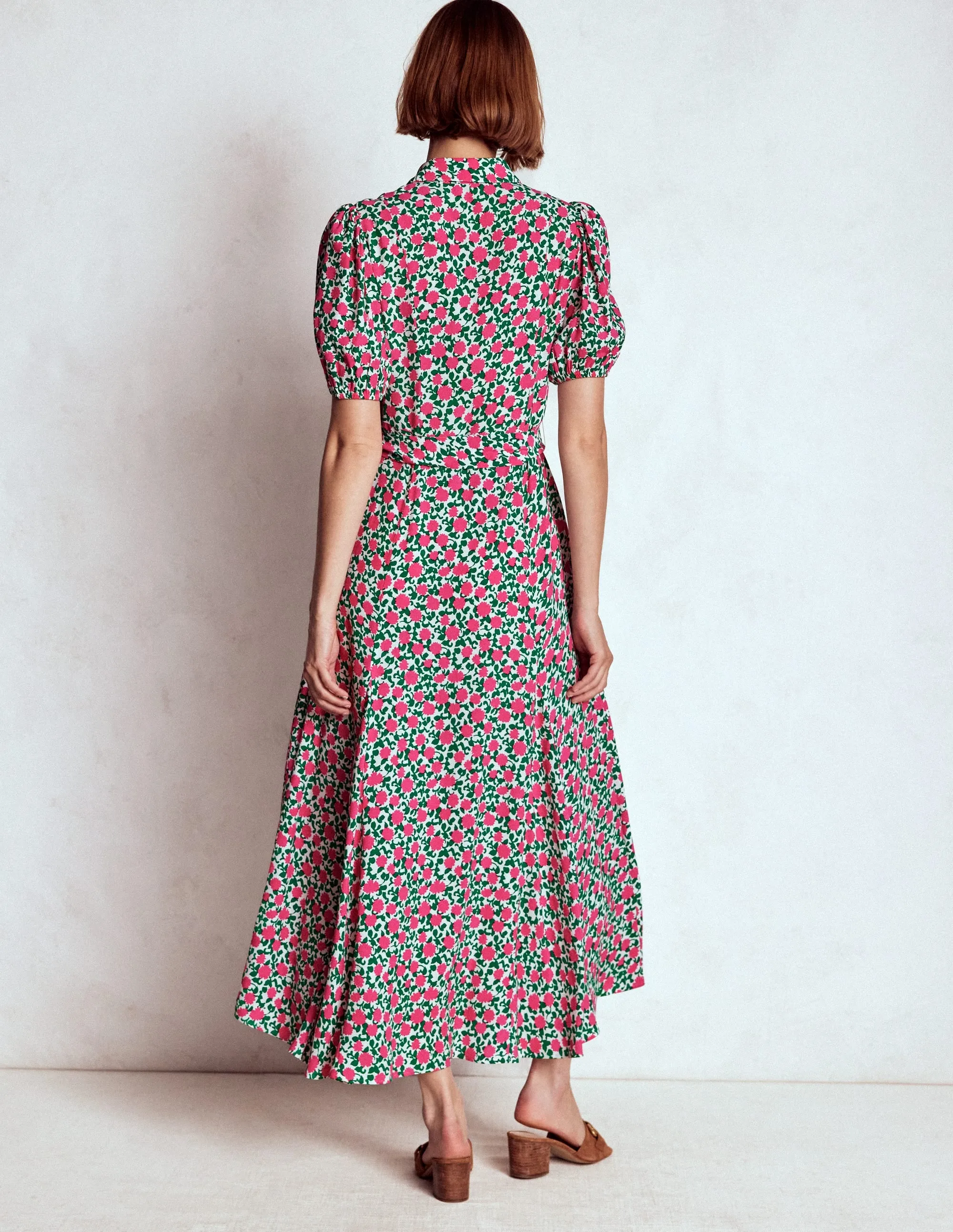 american casual Evening Glam Alegra Midi Shirt Dress-Pink Ribbon, Floweret Vine