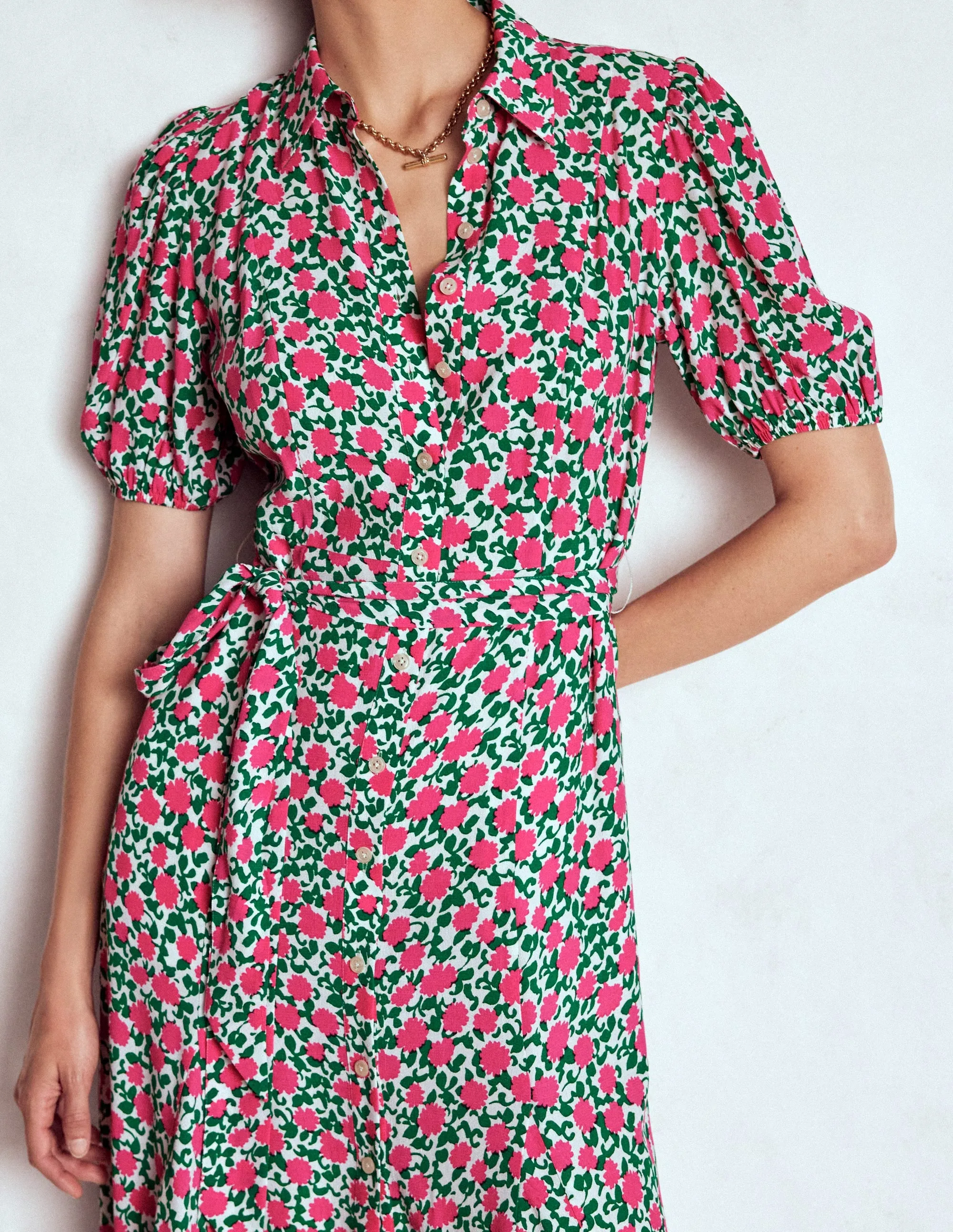 Alegra Midi Shirt Dress-Pink Ribbon, Floweret Vine Classic Comfort Trendy Outfit