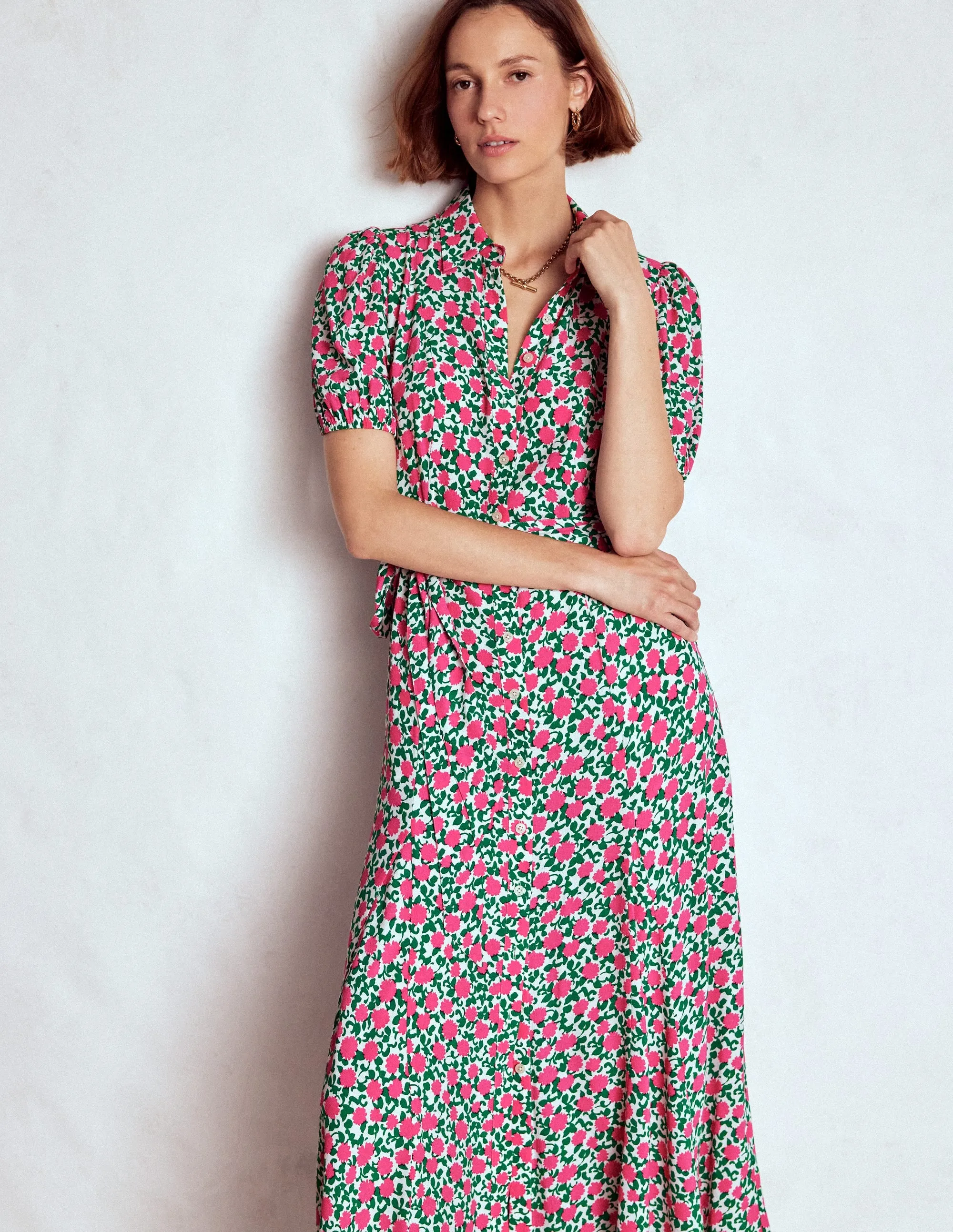 Alegra Midi Shirt Dress-Pink Ribbon, Floweret Vine Charming Design Deep Shade
