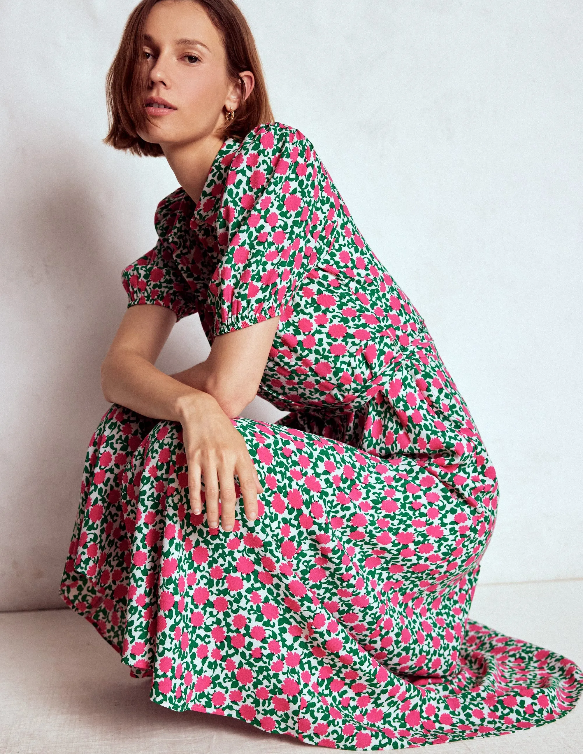 Alegra Midi Shirt Dress-Pink Ribbon, Floweret Vine Chic dinner outfit Harbor Light