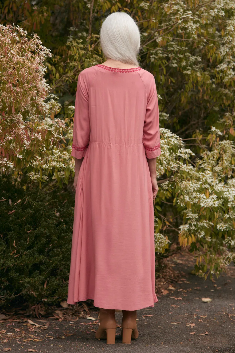 Felisha Embroidered Bias Cut Dress in Earth Fur Warm