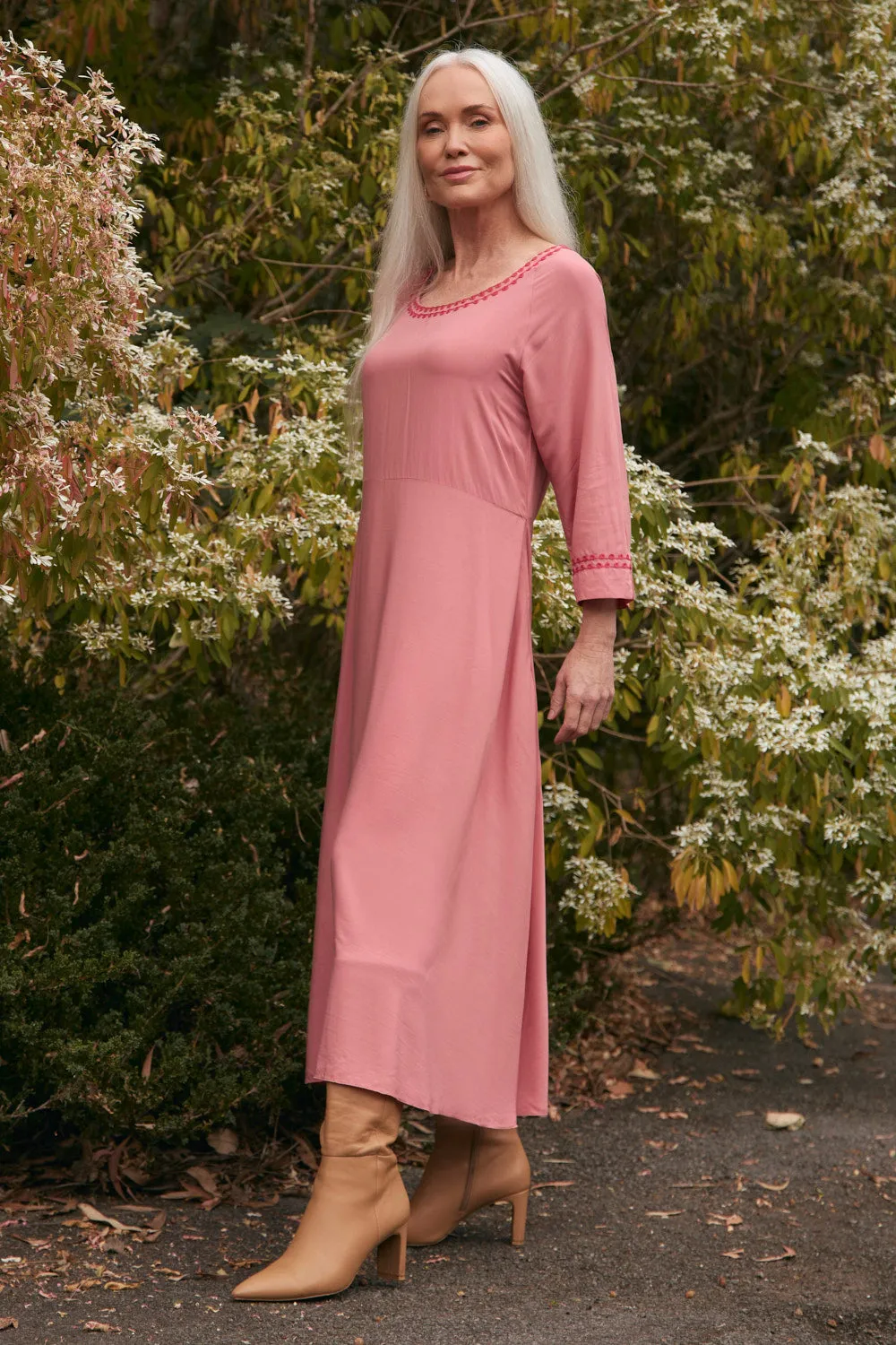 Sea View Body Loving Felisha Embroidered Bias Cut Dress in Earth