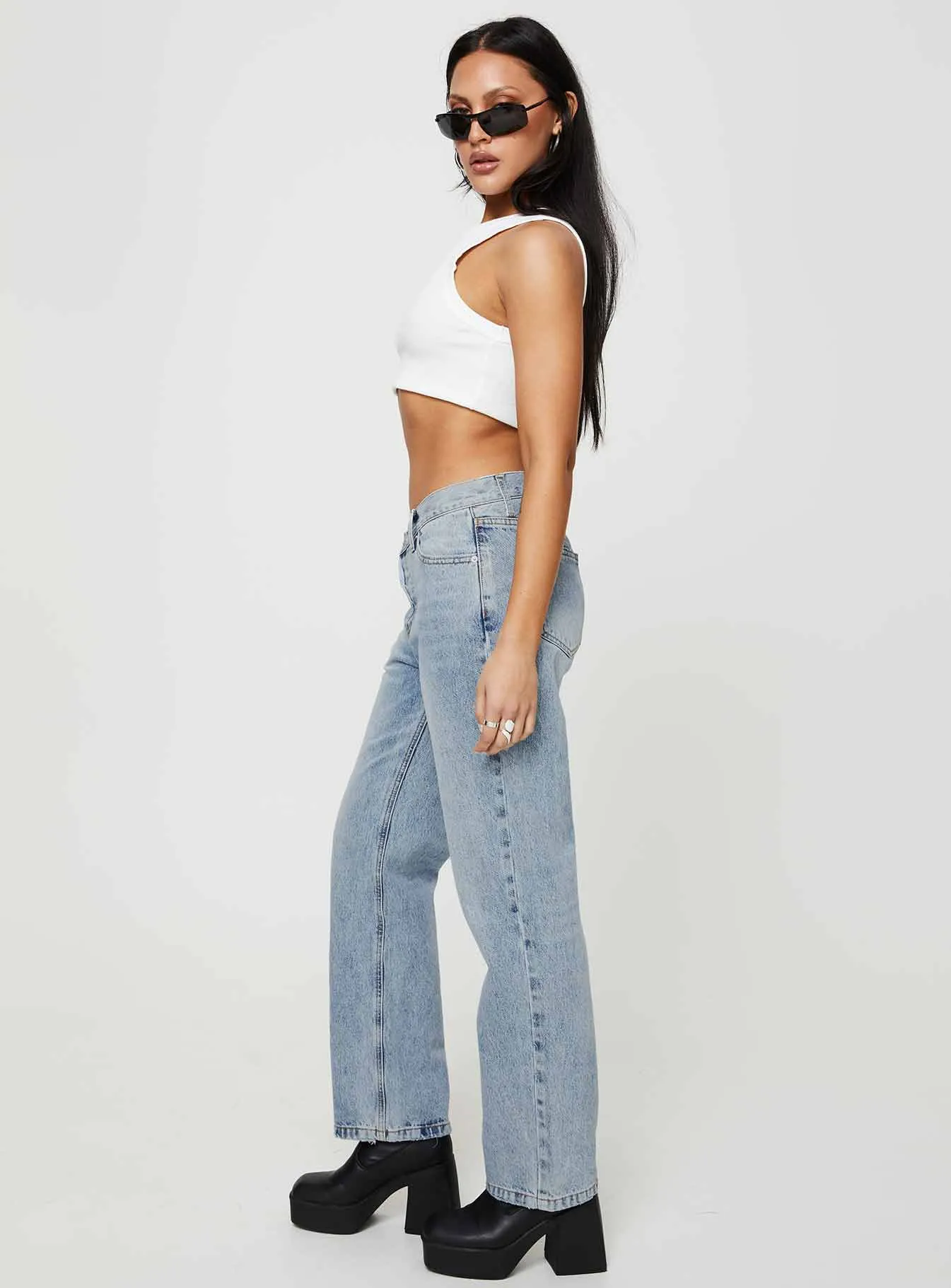 Durable Rivet Hardware Comfort Stretch Weave Holly Mid Rise Straight Leg Asymmetric Jean Light Wash Denim