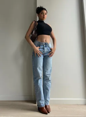 Holly Mid Rise Straight Leg Asymmetric Jean Light Wash Denim Clean Cut Utility Look