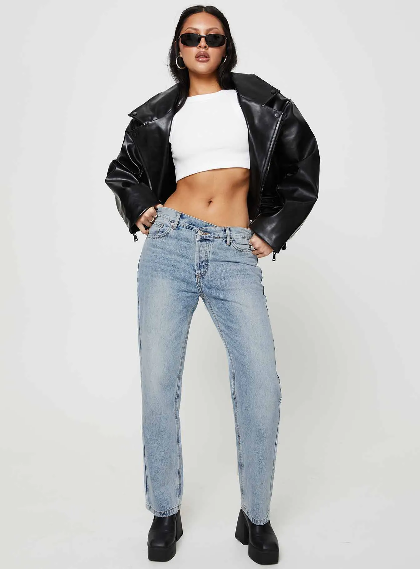 Odor Control Treatment Holly Mid Rise Straight Leg Asymmetric Jean Light Wash Denim