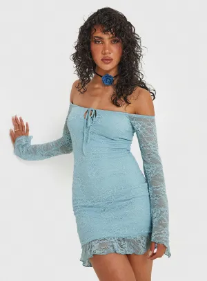 Bold print mini dress Boville Off The Shoulder Lace Mini Dress Blue