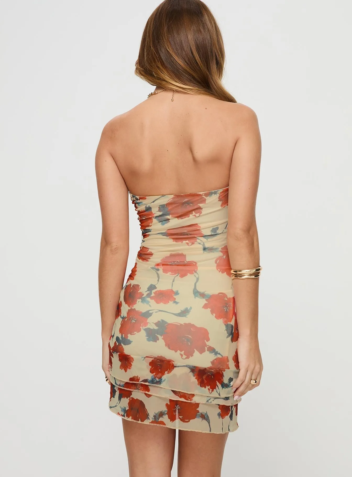 Dimitrios Strapless Mini Dress Yellow / Red Floral Convertible Straps Lightweight Material