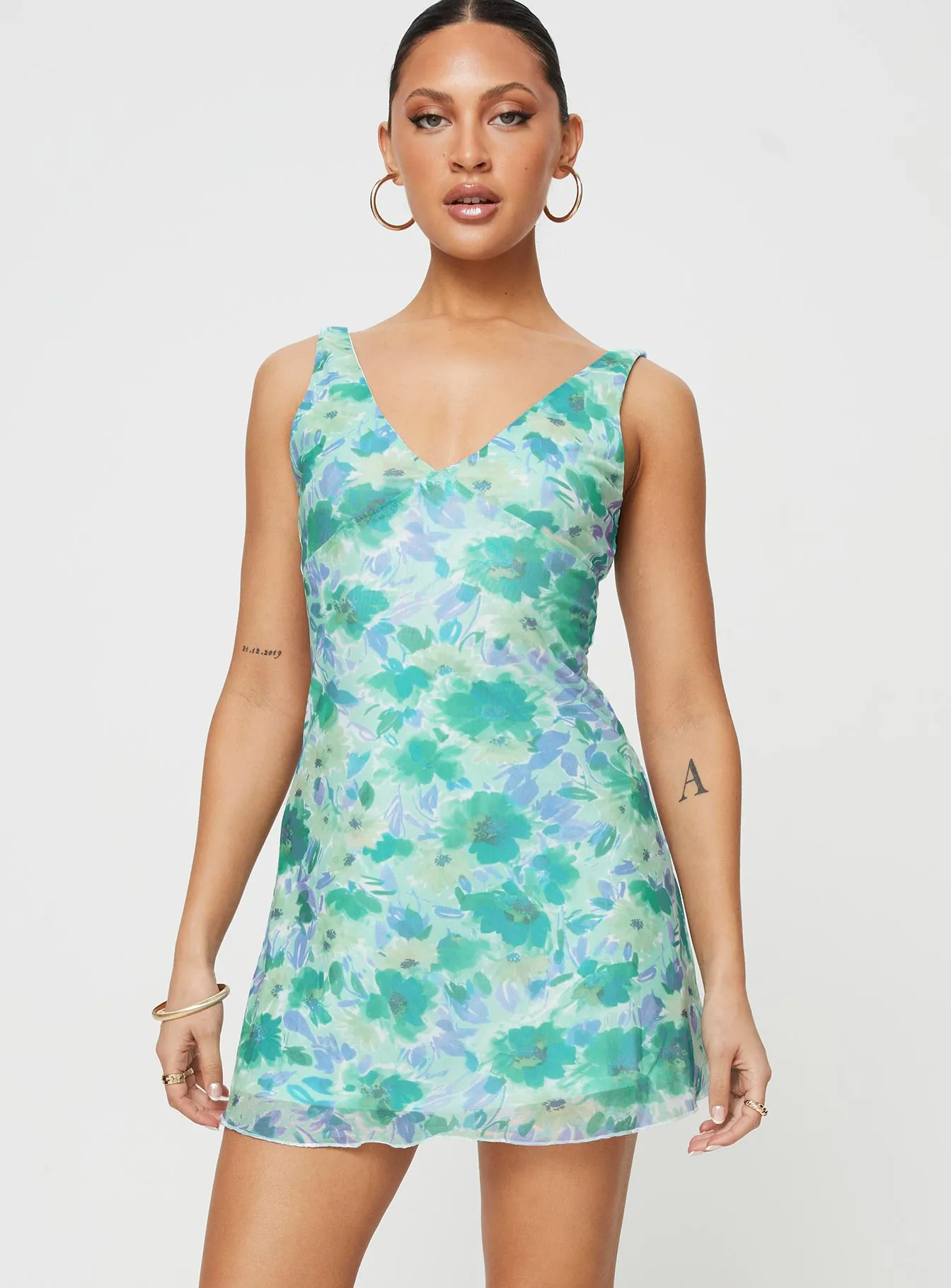 Zuba Mini Dress Green Floral Sophisticated short dress Tie Back Closure System
