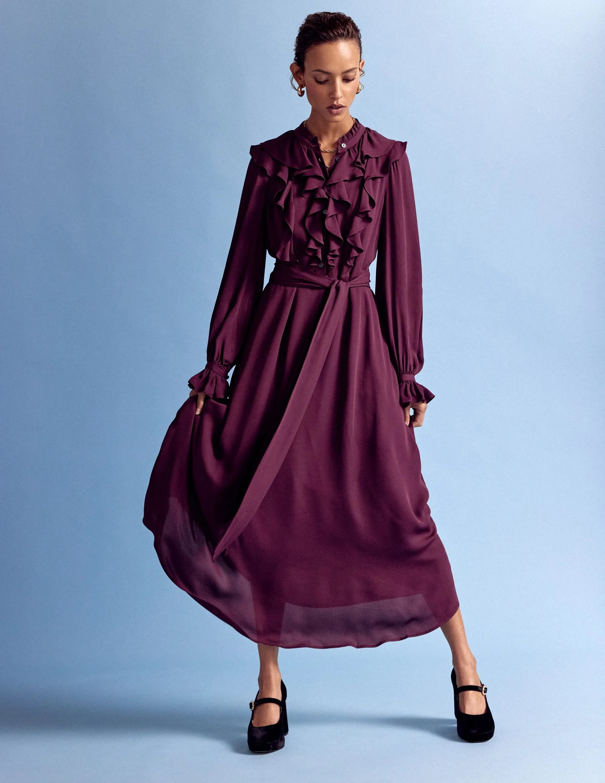 Statement pattern knee-length dress Smart Wardrobe Ruffle Front Shirt Dress-Dark Cherry