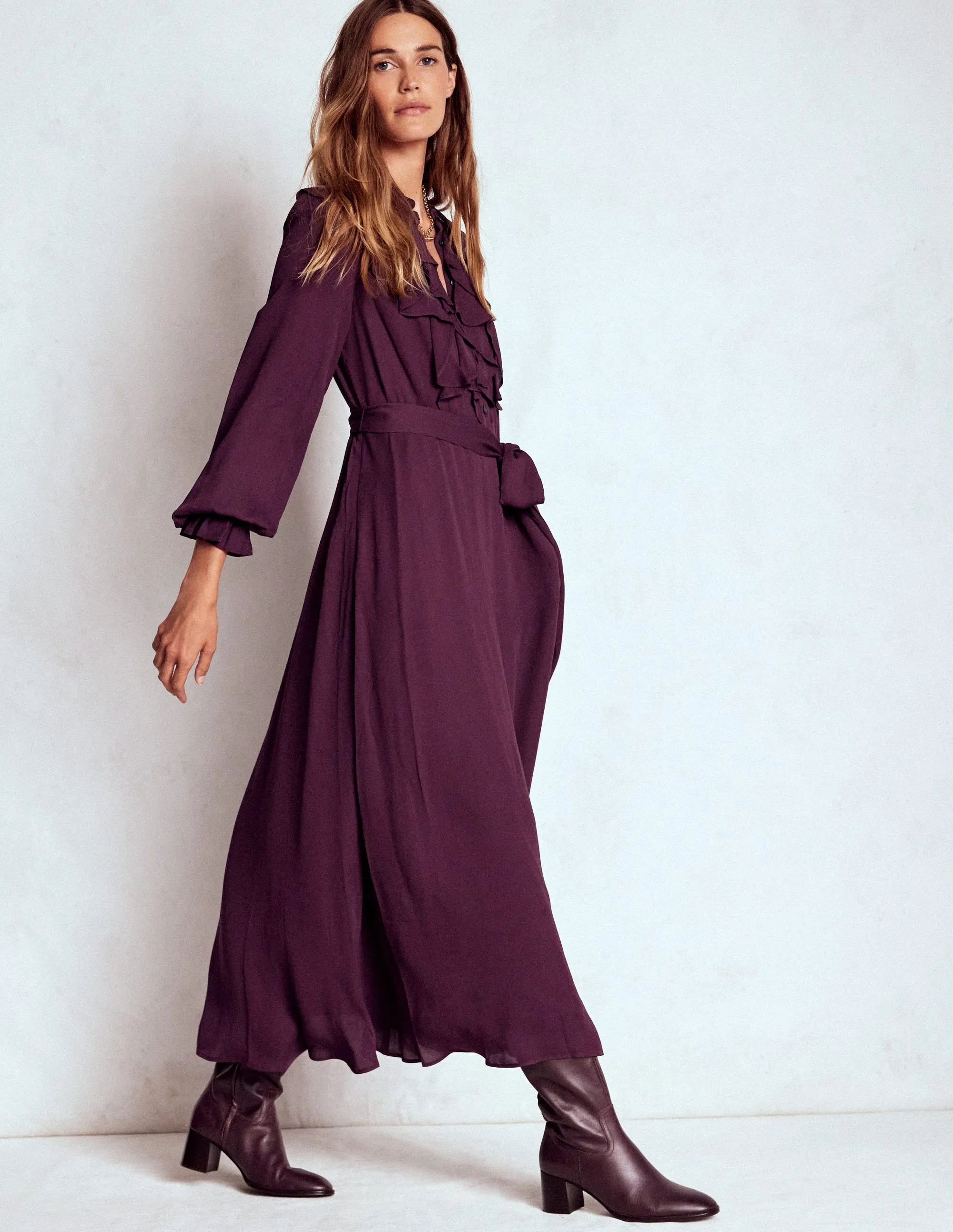 Ruffle Front Shirt Dress-Dark Cherry Drizzle Sky light layering