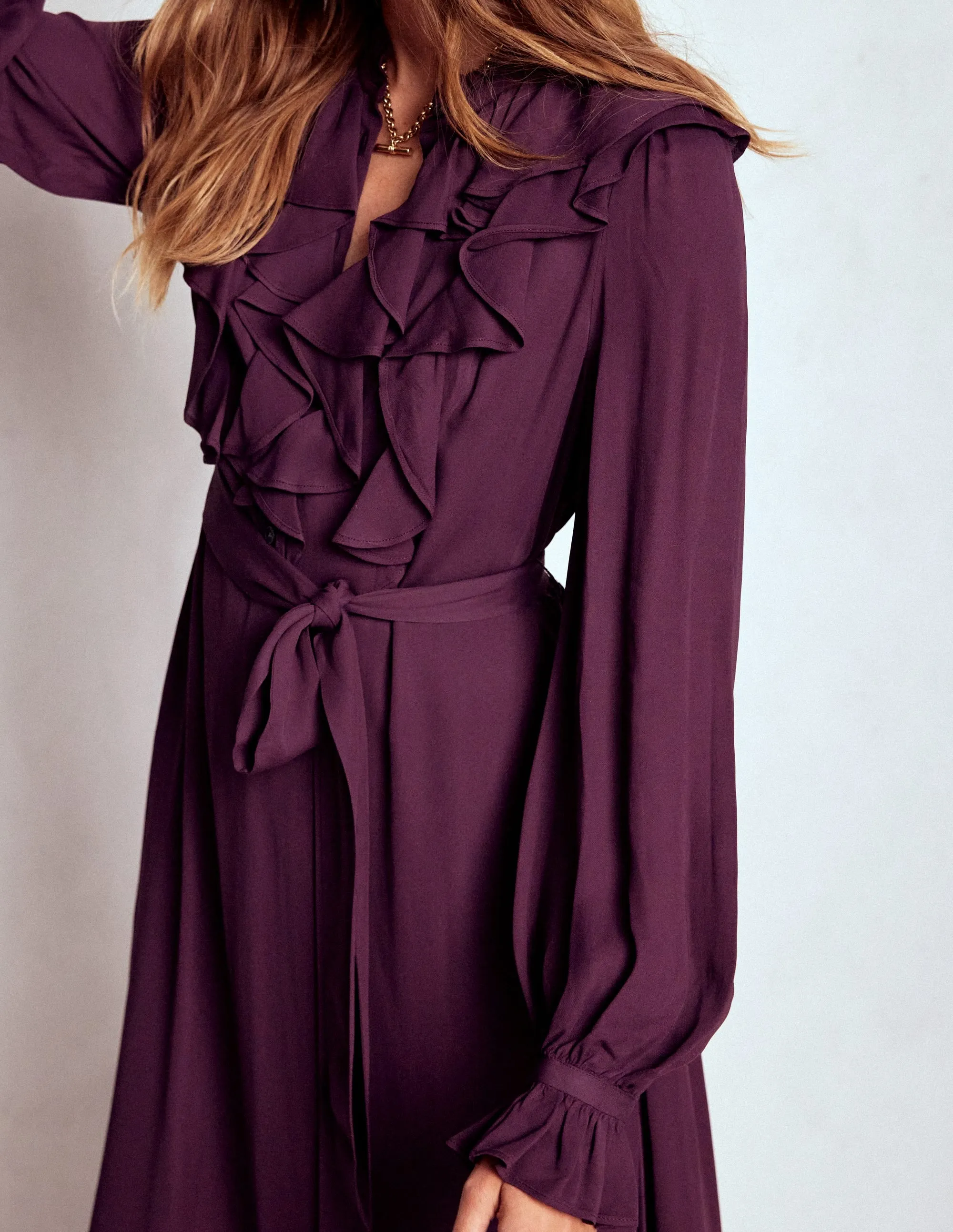 Ruffle Front Shirt Dress-Dark Cherry Flattering Outfit