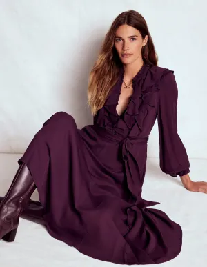 Flattering fit for all body types Ruffle Front Shirt Dress-Dark Cherry