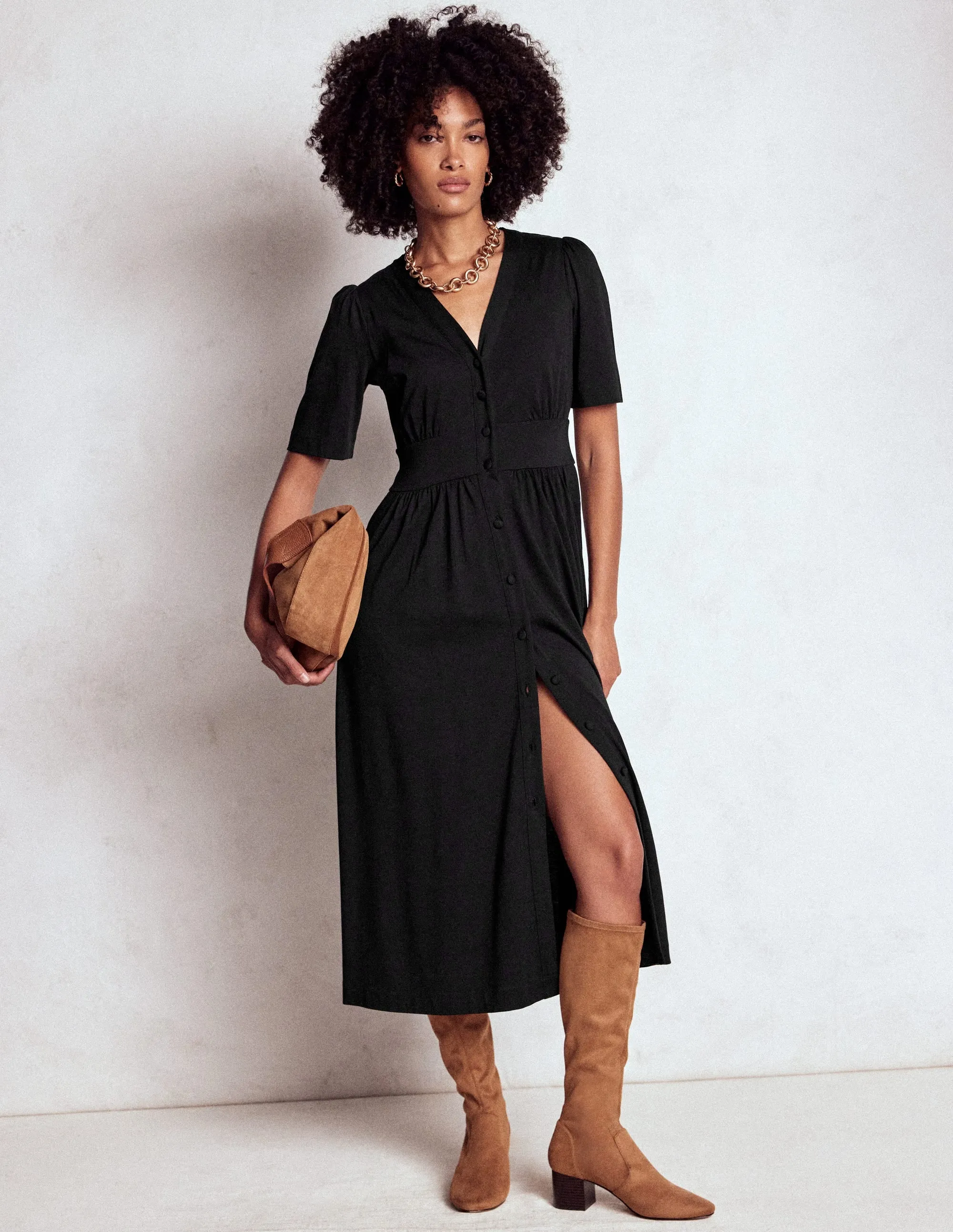 Daily Office Layering friendly Natalia Jersey Tea Dress-Black