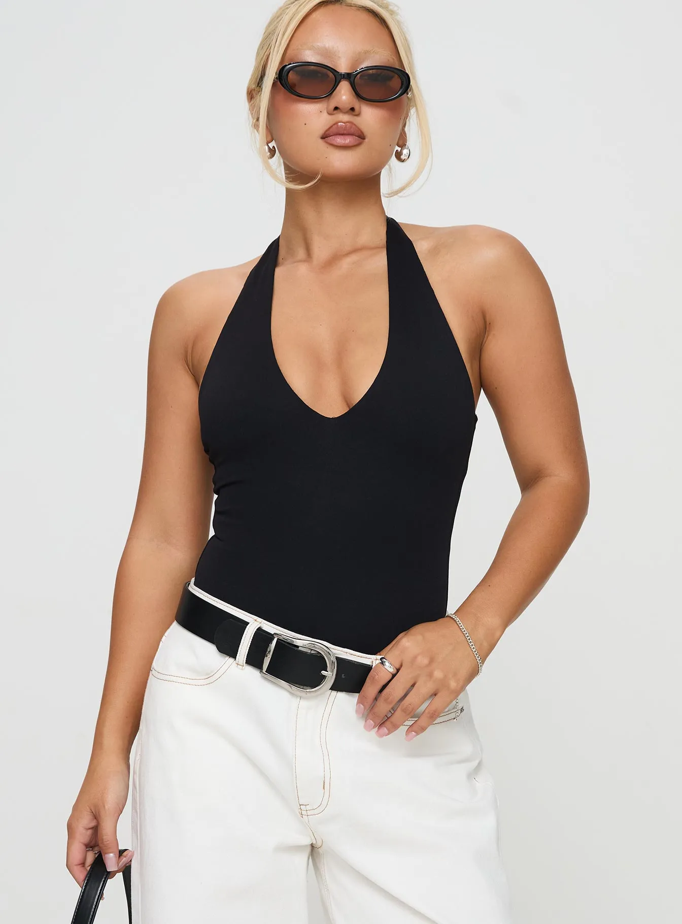 Someone New Halter Bodysuit Black Slim Simple