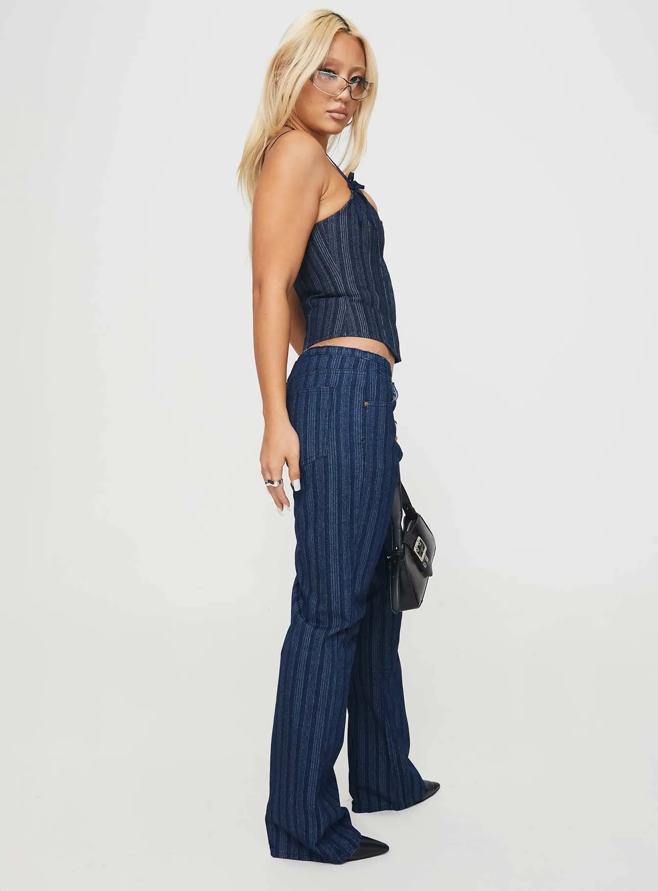 Charismatic Low Rise Flared Jeans Dark Pinstripe Sharp Silhouette