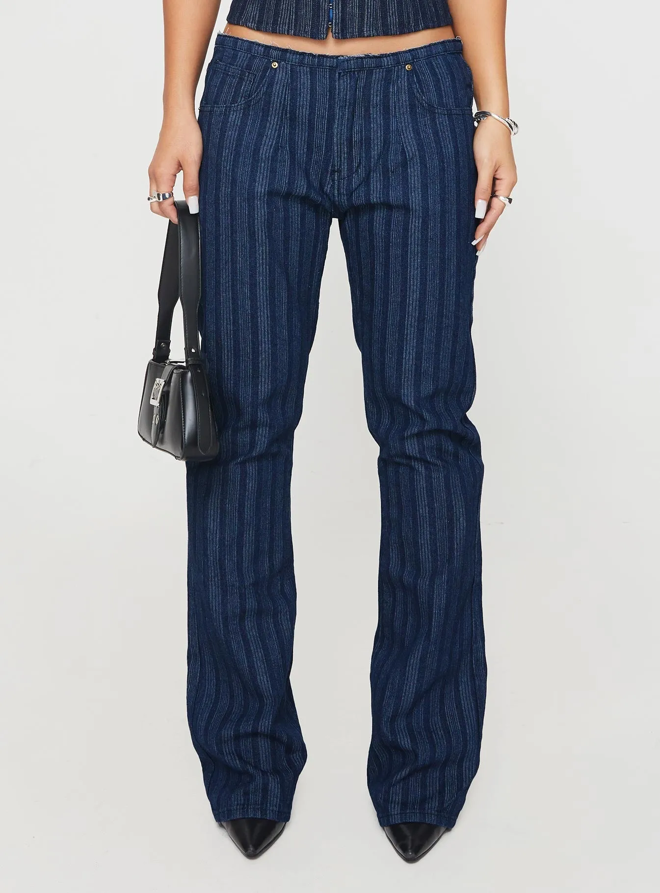 Selvedge Detailing Timeless Look Charismatic Low Rise Flared Jeans Dark Pinstripe
