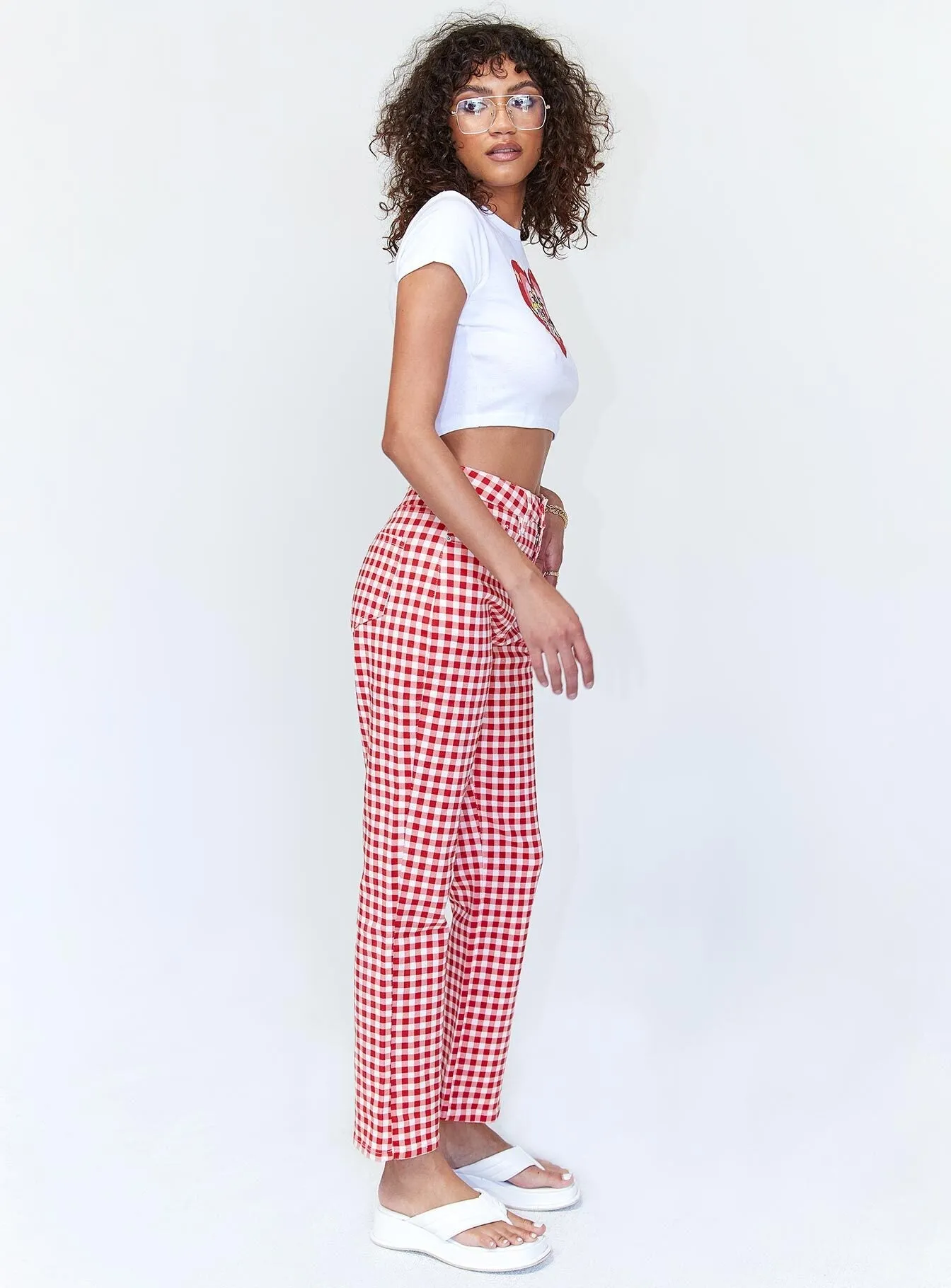 Kendra Gingham Denim Jeans Red Sustainable Denim Production