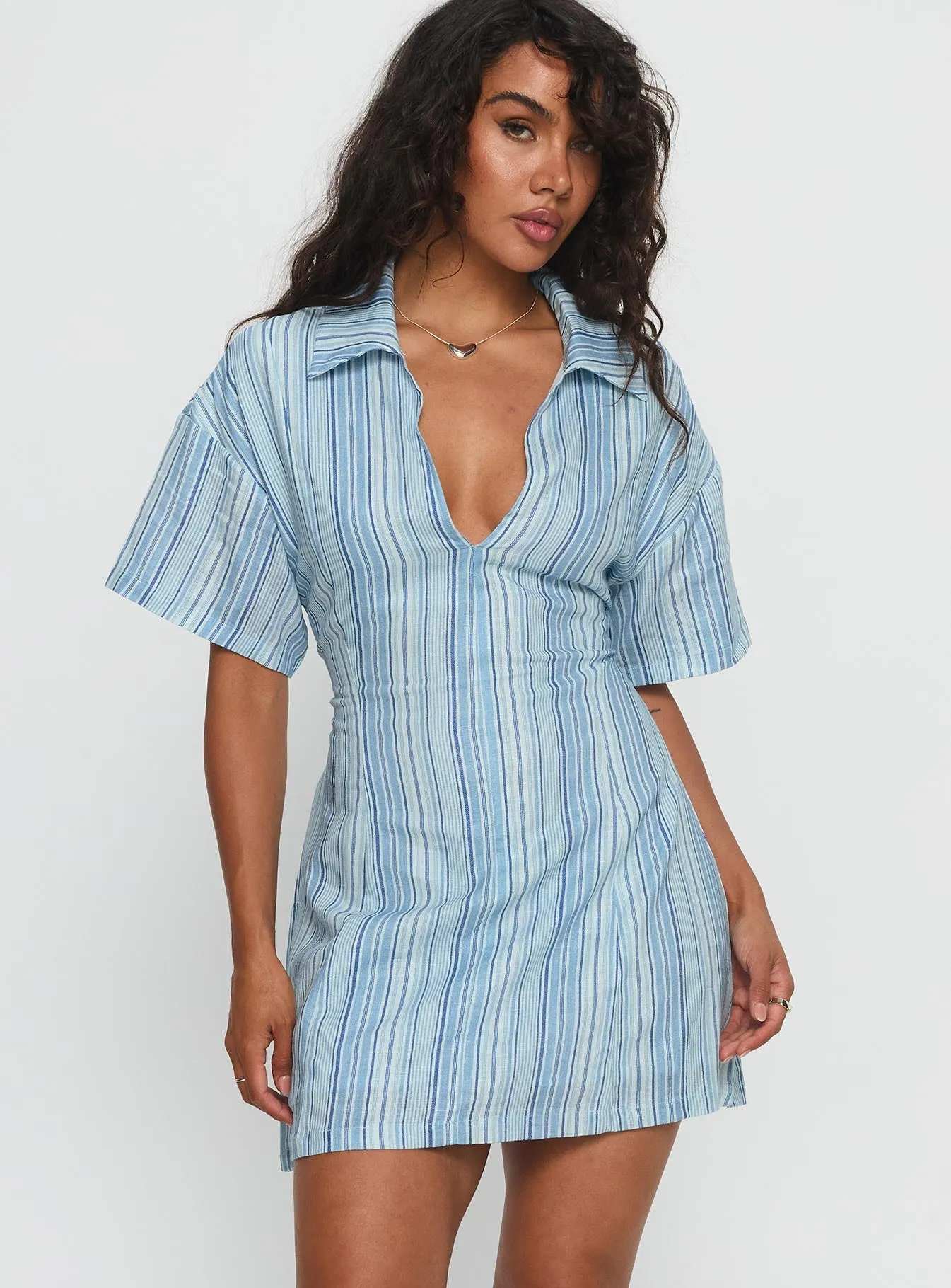 Fade Resistant Playful evening dress Wylla V Neck Linen Mini Dress Blue Stripe