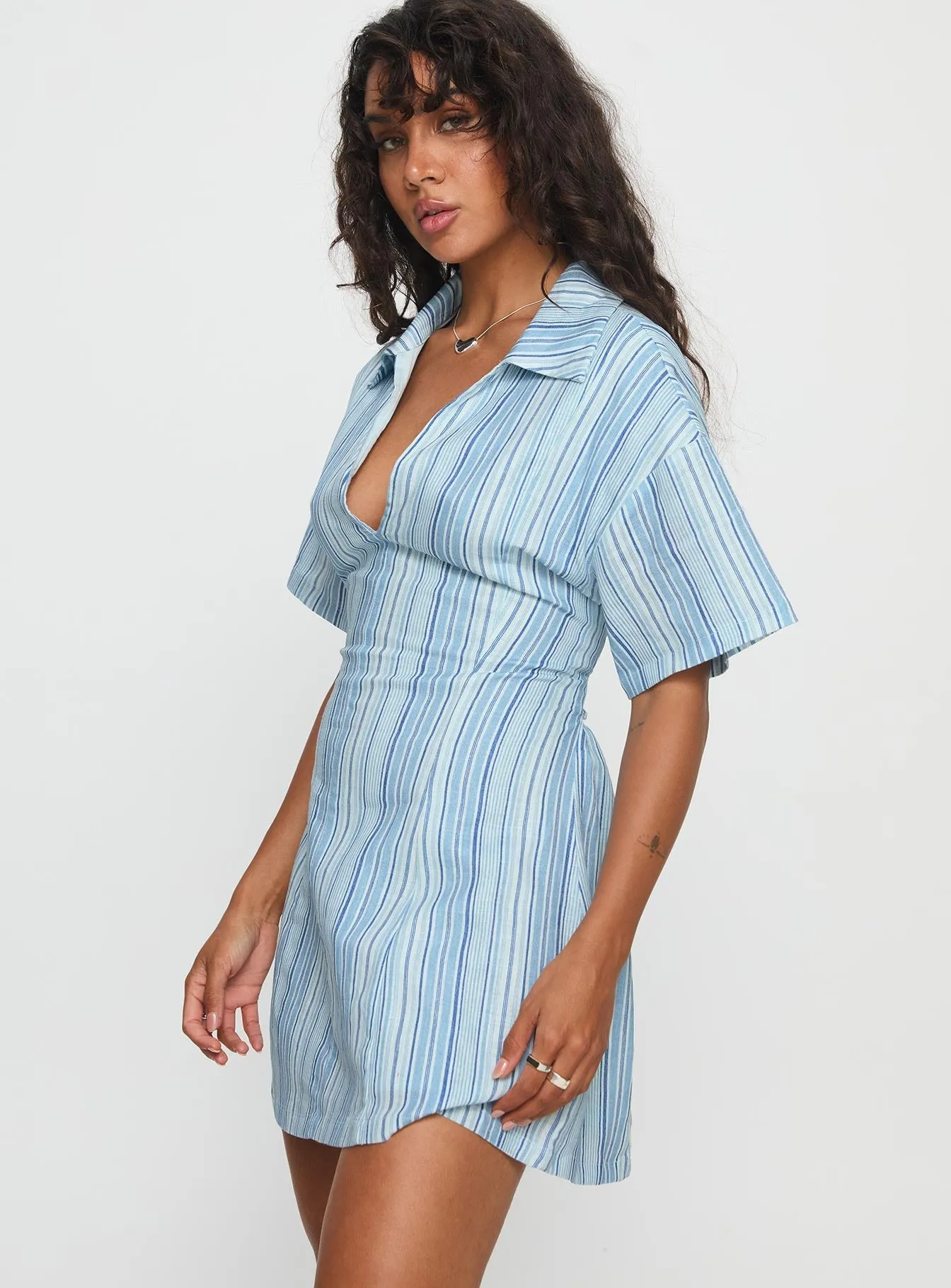 Easy-to-wear mini gown Fresh Prints Wylla V Neck Linen Mini Dress Blue Stripe