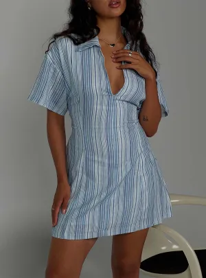 Wylla V Neck Linen Mini Dress Blue Stripe Relaxed Silhouette