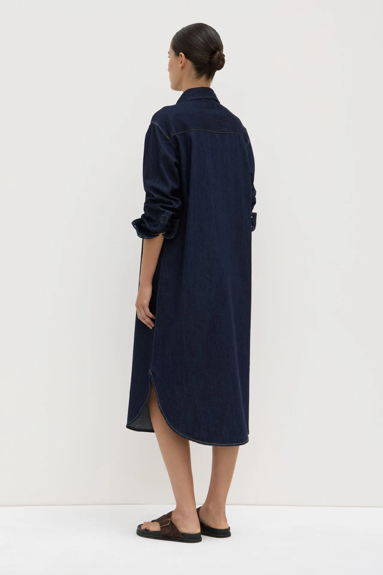NoSlipTrims Layered Hem Details Kiera Recycled Denim Midi Shirt Dress