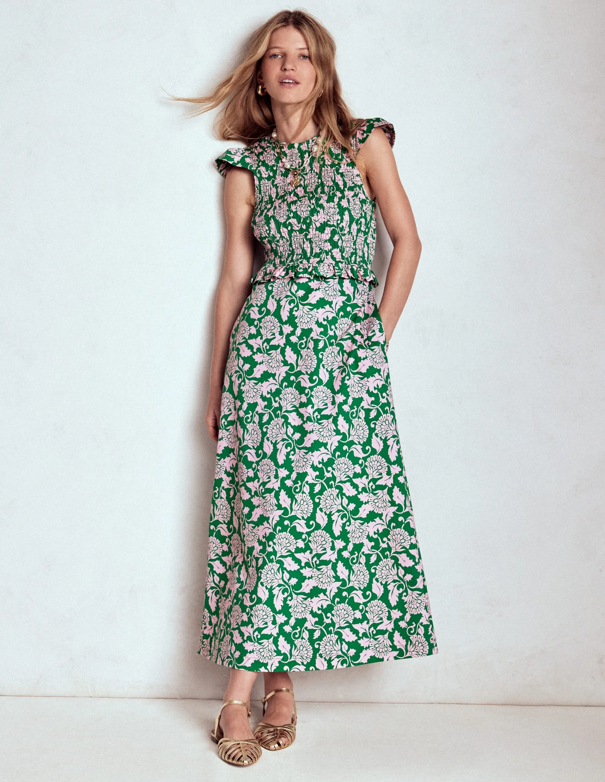 Comfortable casual midi Perfect holiday dress Carolina Smocked Midi Dress-Rich Emerald, Ornate Vine