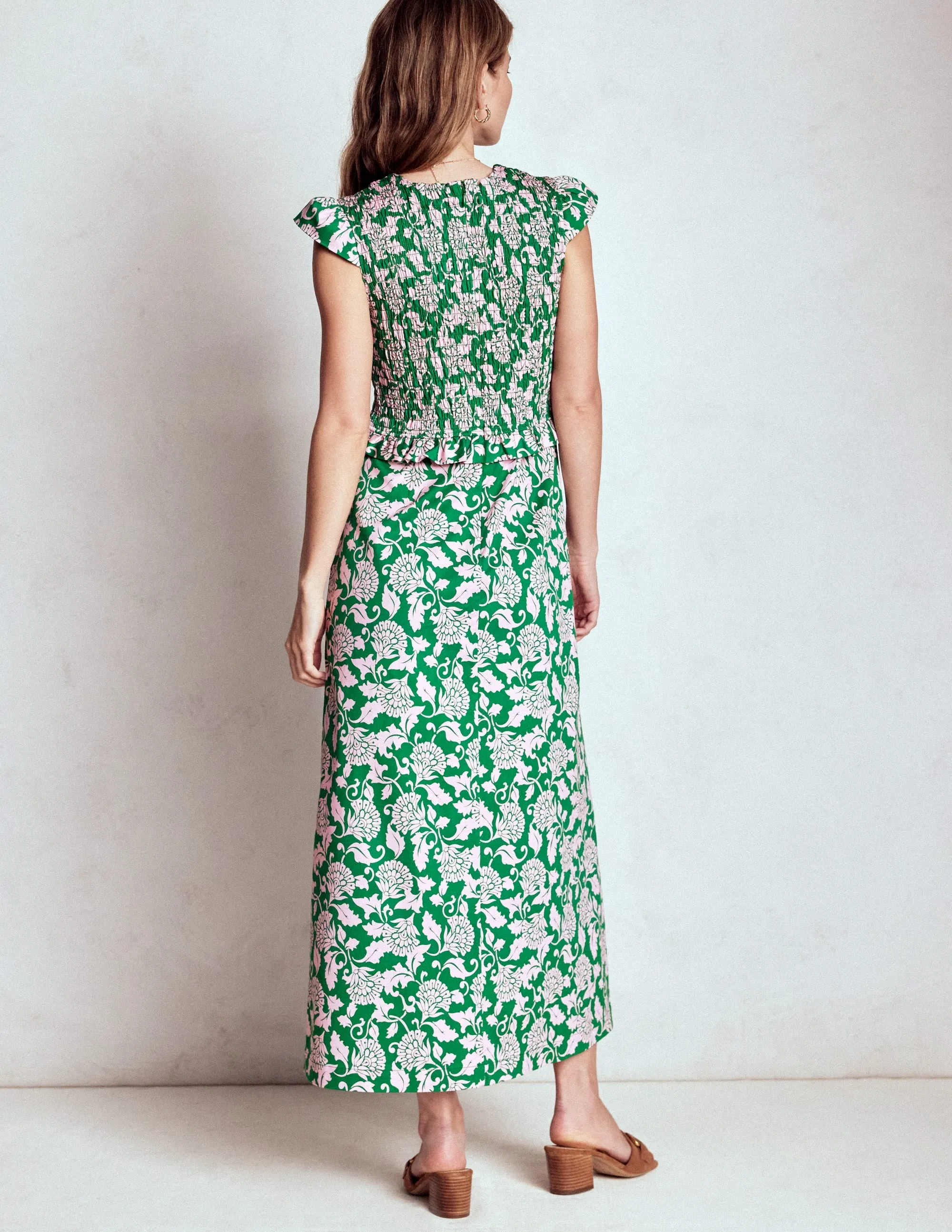 Carolina Smocked Midi Dress-Rich Emerald, Ornate Vine Fresh Shore Classy Look