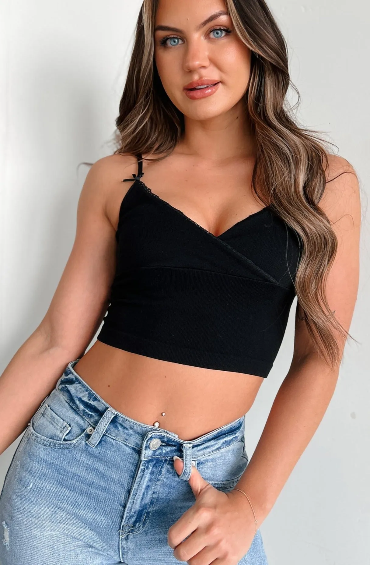 Developing Feelings Lace Trim Cami Crop Top (Black) Training - accessible
