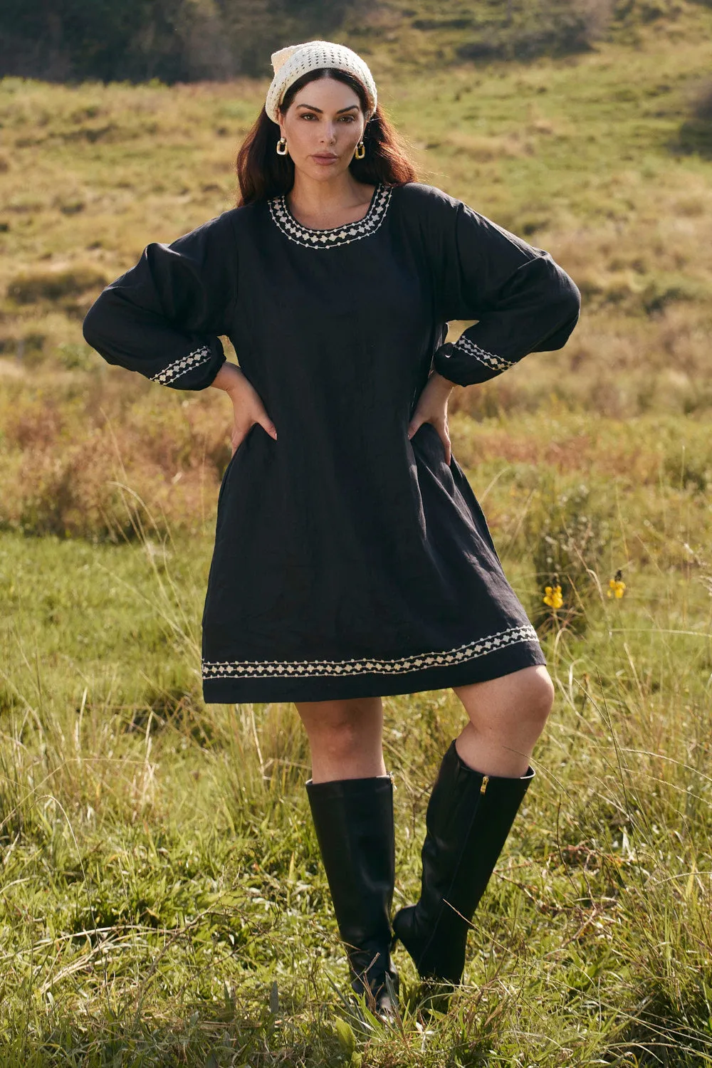 Hazel Linen Short Dress in Moonlit Noir HighCollar Style