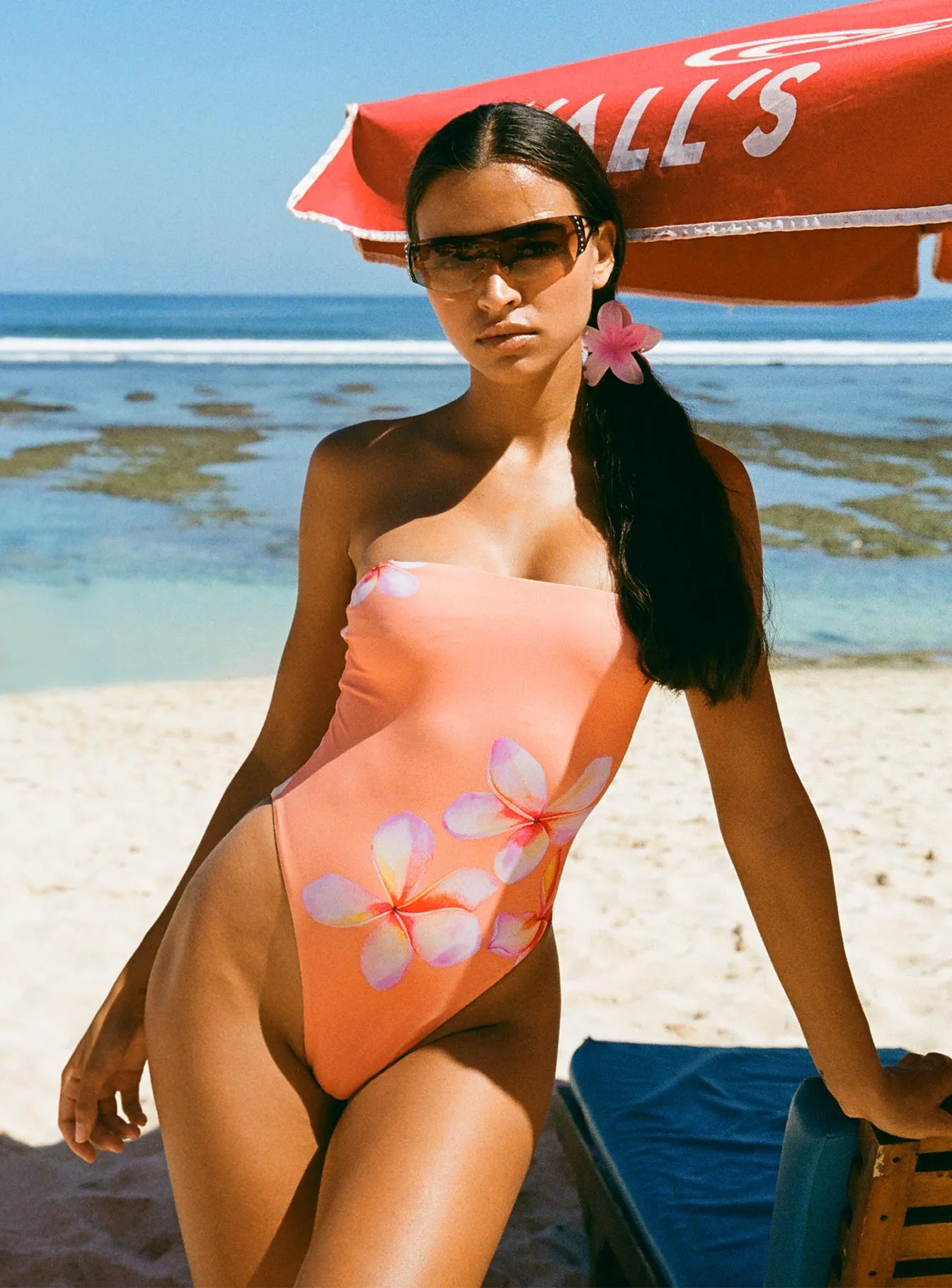 Declan Strapless One Piece Orange Frangipani Saltwater Resistant