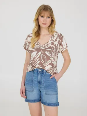 Leaf Print V-Neck Dolman Sleeve T-Shirt AntiPilling Technology New Day