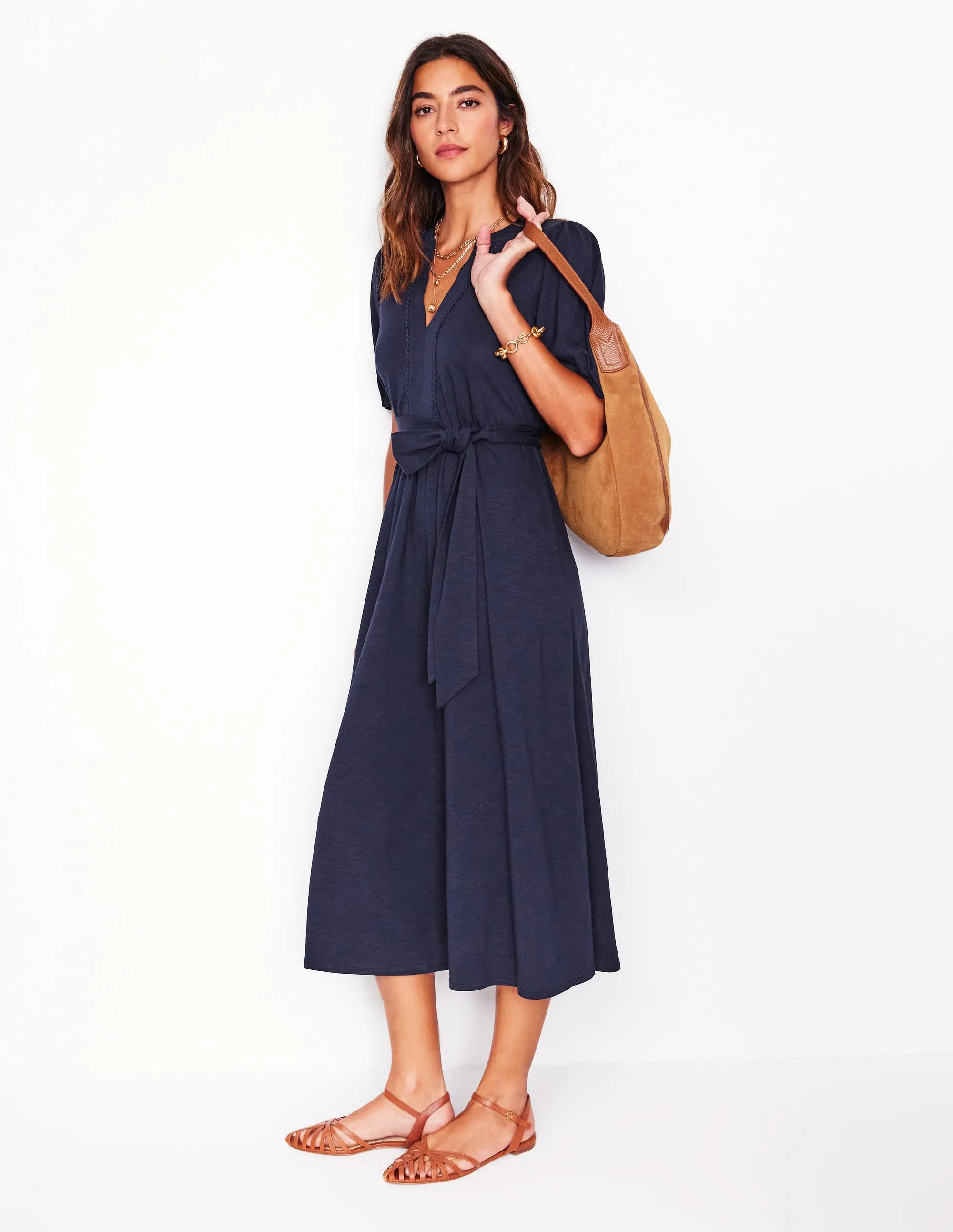 Soft fabric knee-length dress Sofia Trim Jersey Midi Dress-Navy