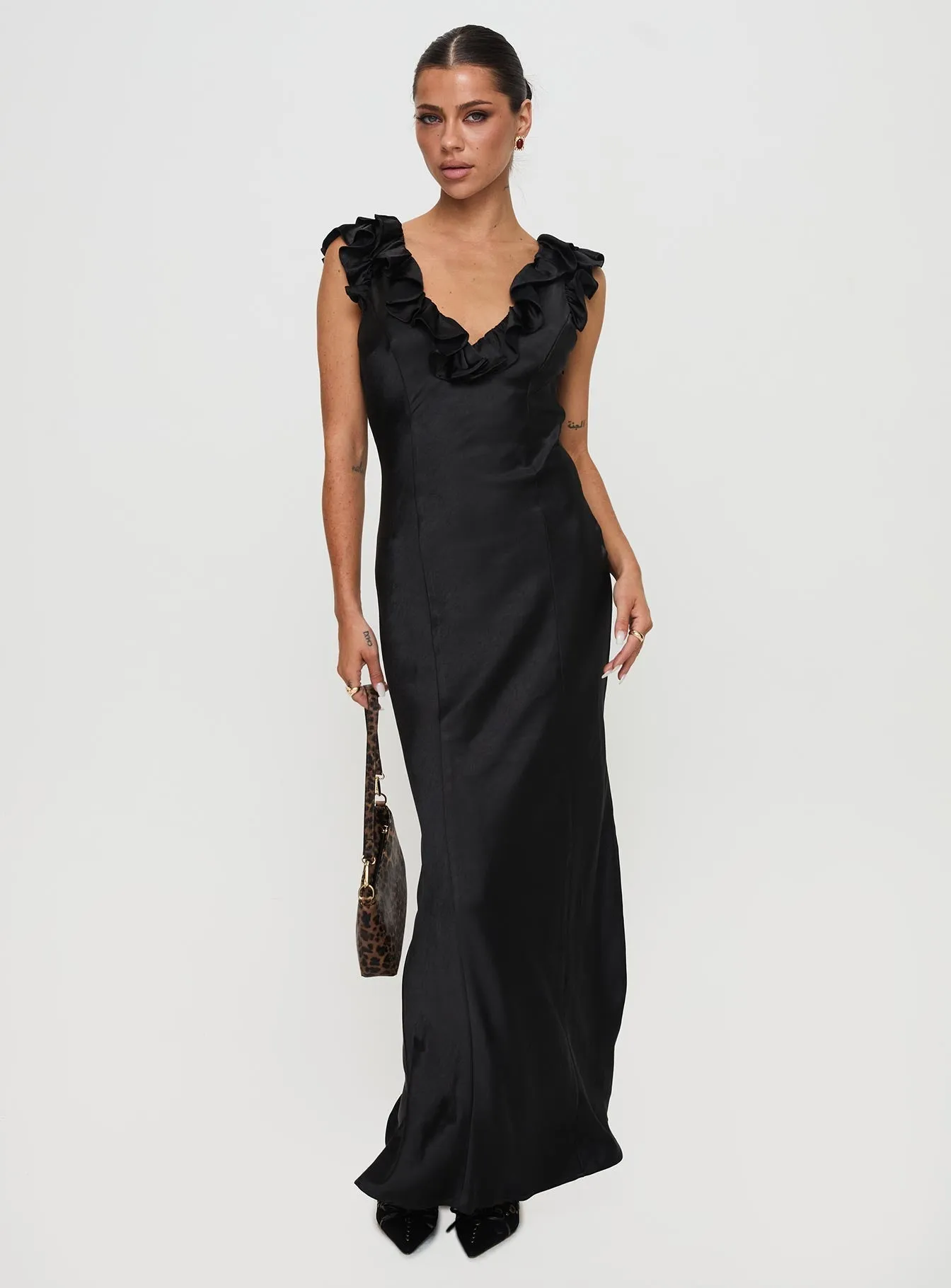 Butacup Frill Maxi Dress Black Georgette Glow Flowing long gown
