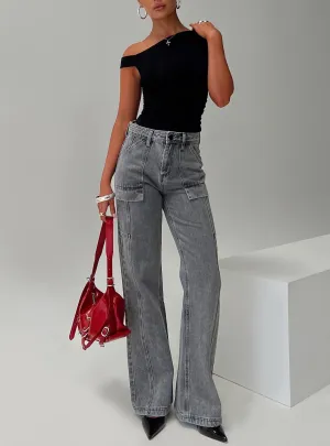 Edgy Design Straight Cut Chad High Rise Flared Cargo Jeans Washed Grey